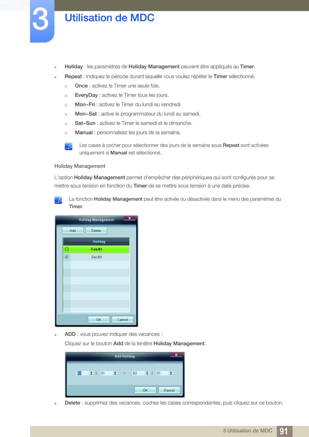 Samsung LH55MEBPLGC/EN manual Holiday Management 