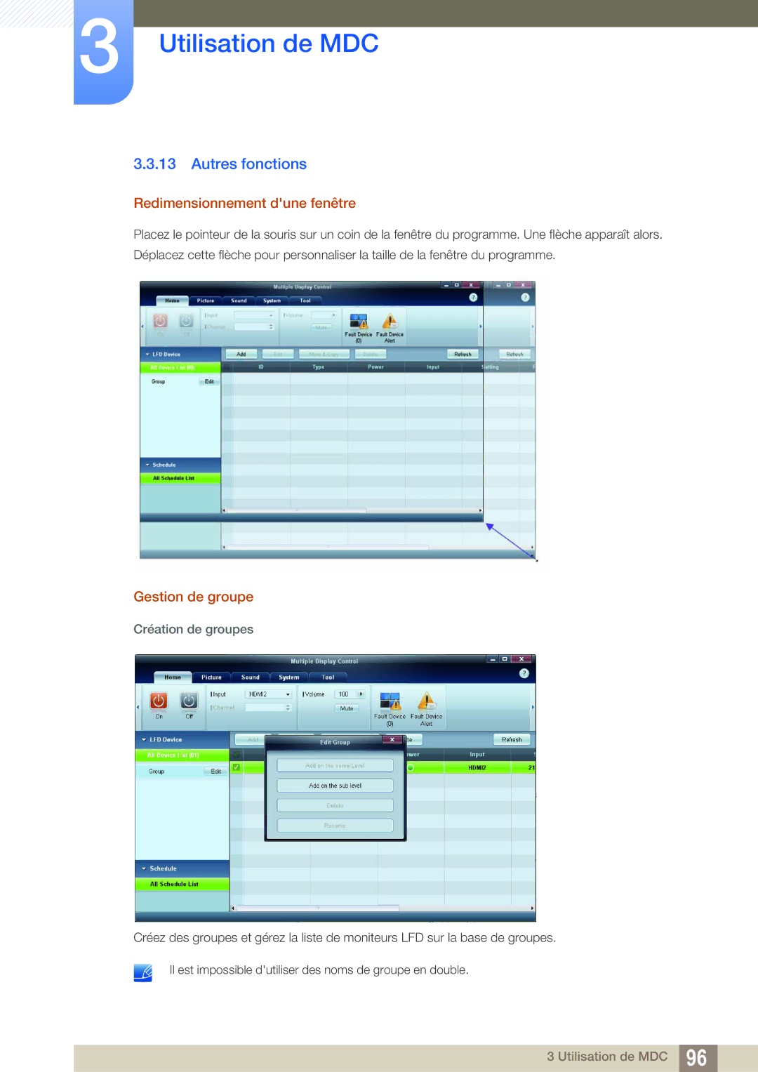 Samsung LH55MEBPLGC/EN manual Autres fonctions, Redimensionnement dune fenêtre, Gestion de groupe, Création de groupes 