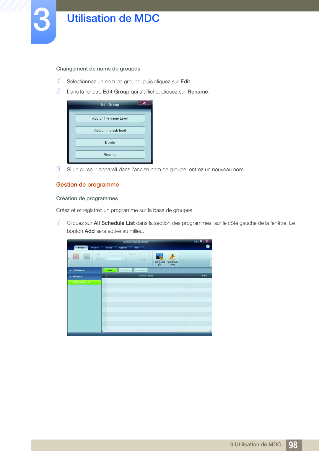 Samsung LH55MEBPLGC/EN manual Gestion de programme, Changement de noms de groupes, Création de programmes 