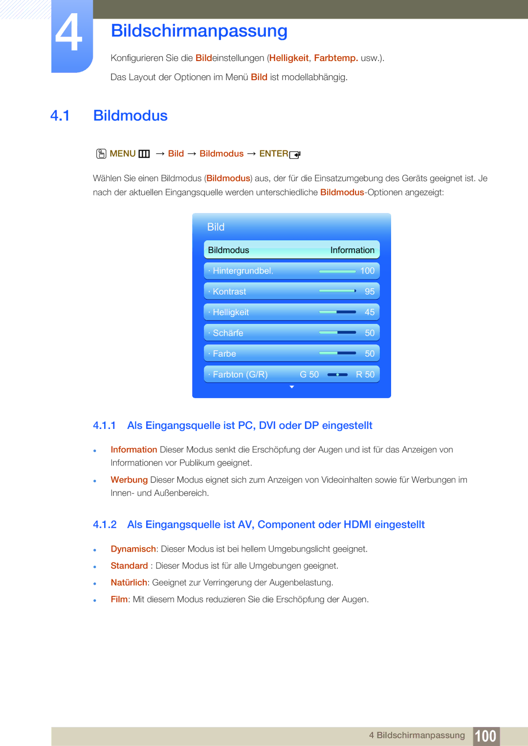 Samsung LH55MEBPLGC/EN manual Bildschirmanpassung, Bildmodus, Als Eingangsquelle ist PC, DVI oder DP eingestellt 