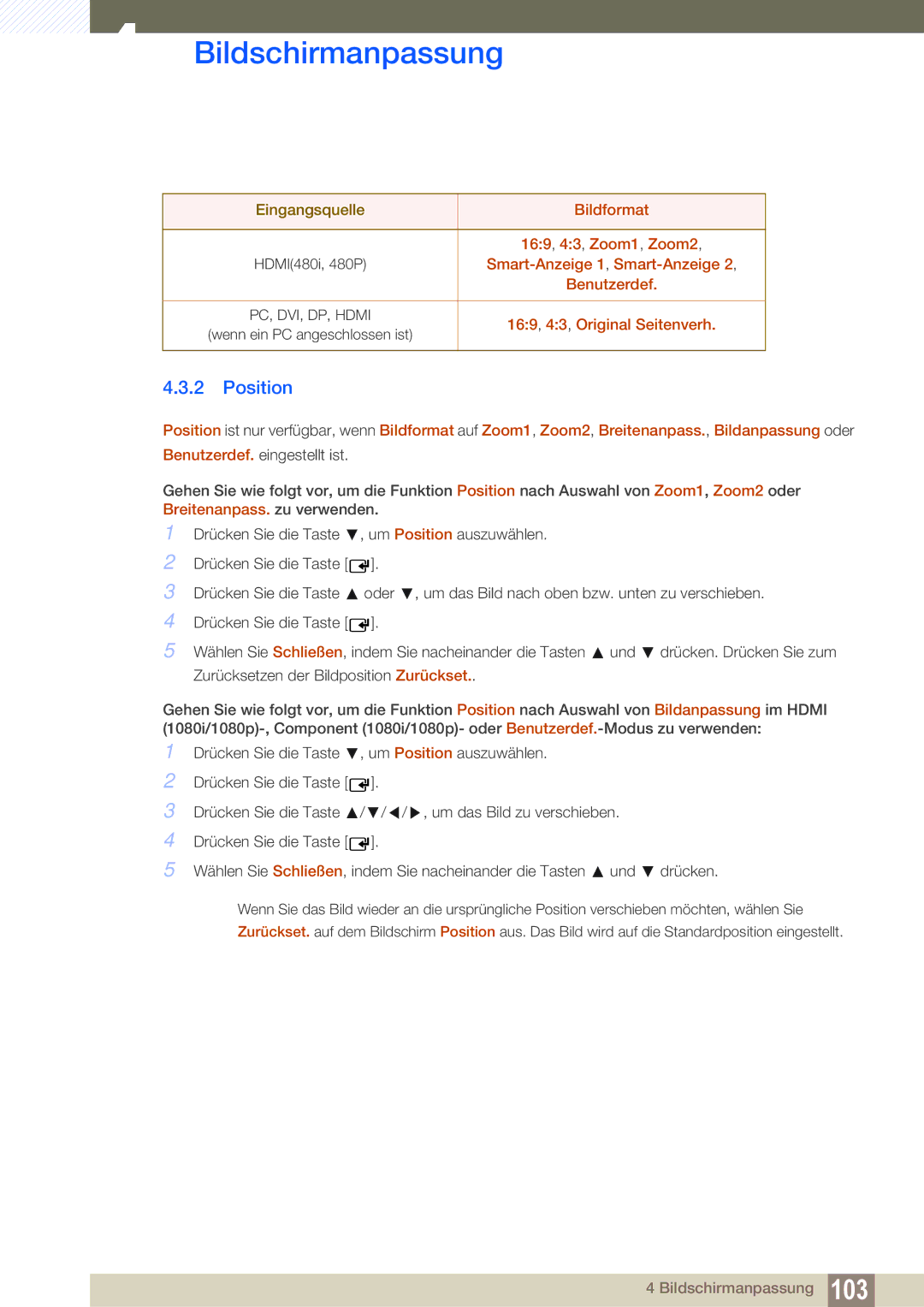 Samsung LH55MEBPLGC/EN manual Position, 169, 43, Zoom1, Zoom2, Smart-Anzeige 1, Smart-Anzeige, Benutzerdef 