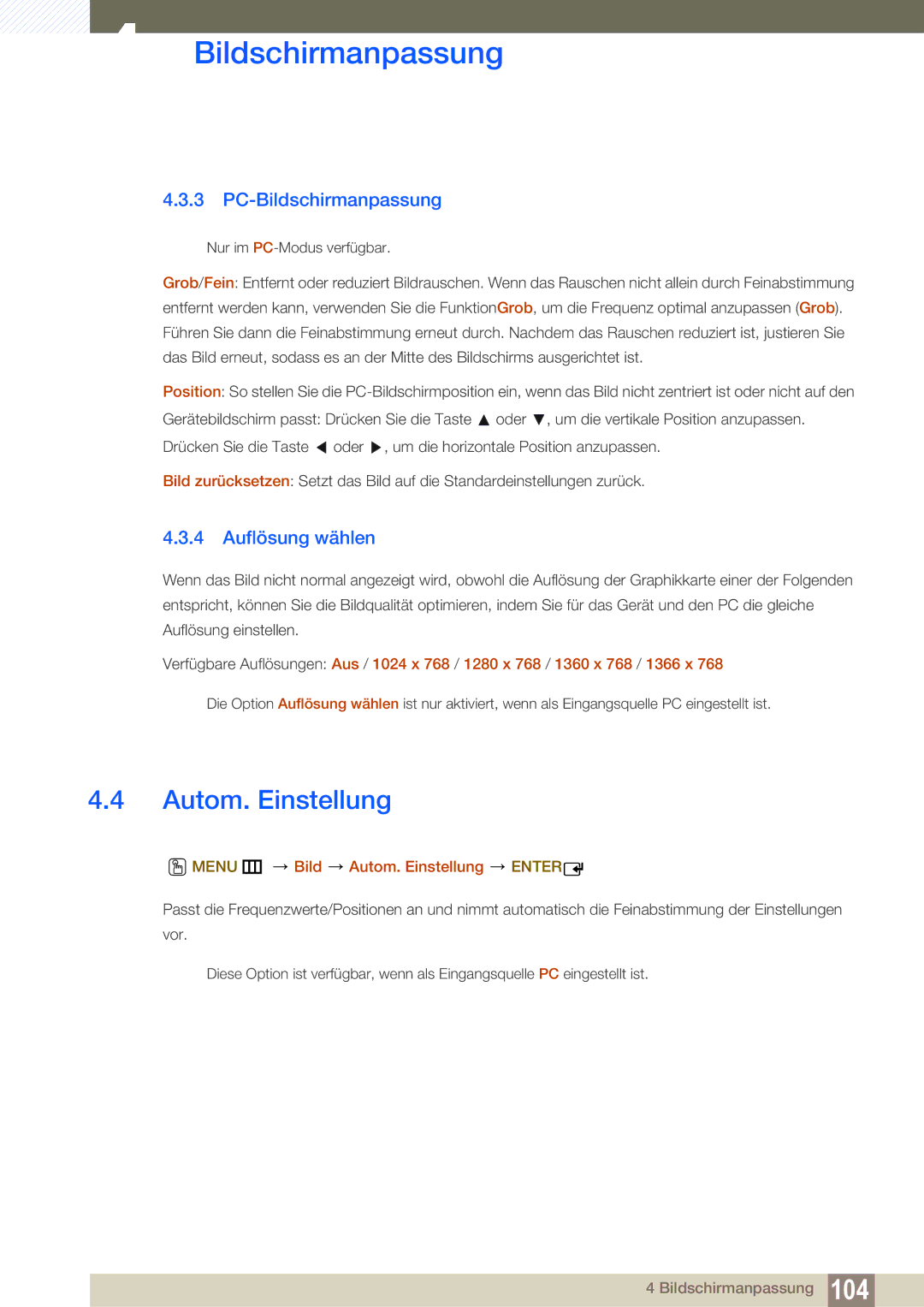 Samsung LH55MEBPLGC/EN manual PC-Bildschirmanpassung, Auflösung wählen, Menu m Bild Autom. Einstellung Enter 