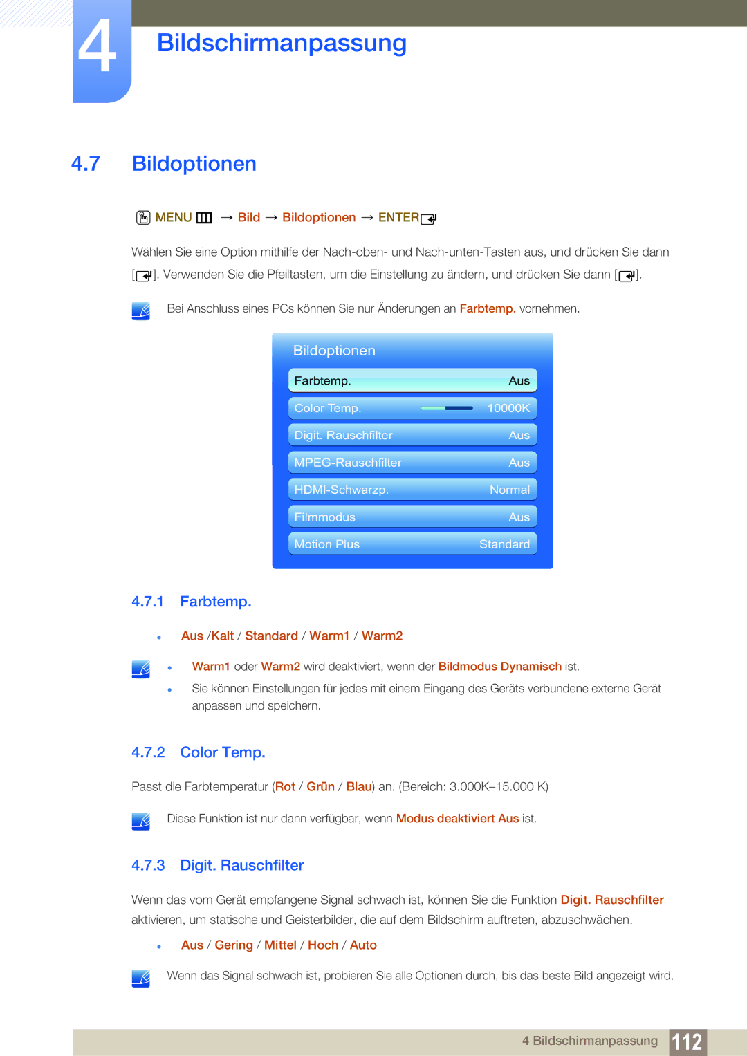 Samsung LH55MEBPLGC/EN manual Bildoptionen, Farbtemp, Color Temp, Digit. Rauschfilter 