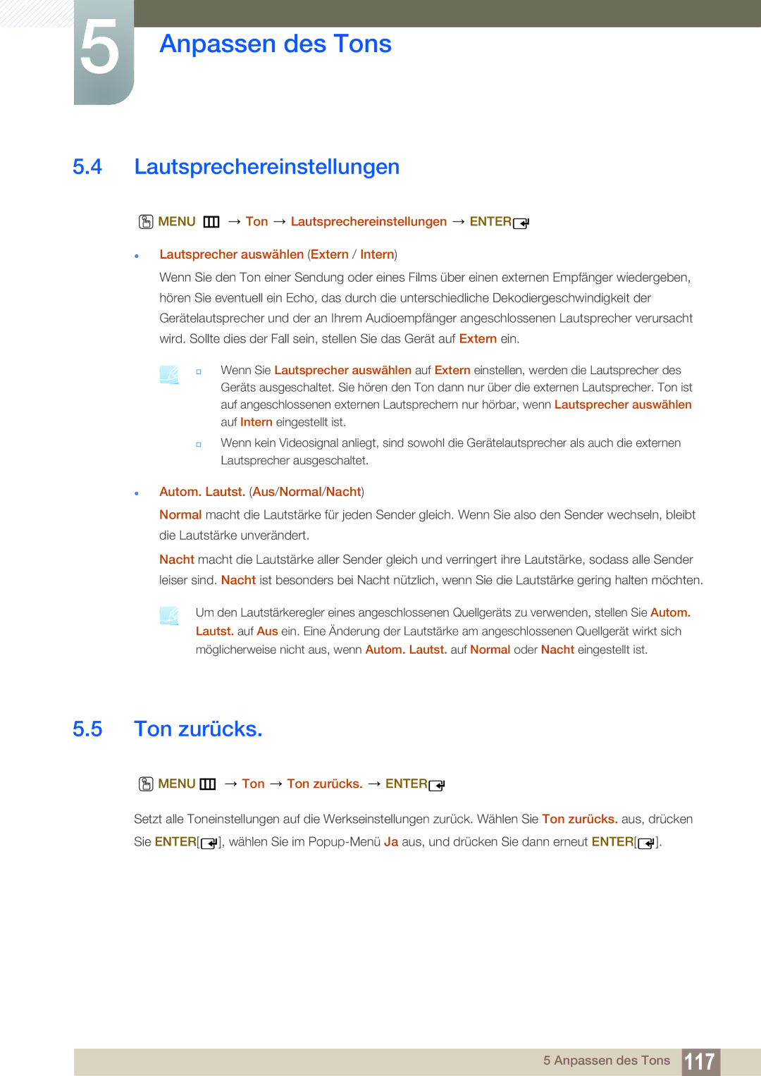 Samsung LH55MEBPLGC/EN manual Lautsprechereinstellungen, Ton zurücks,  Autom. Lautst. Aus/Normal/Nacht 