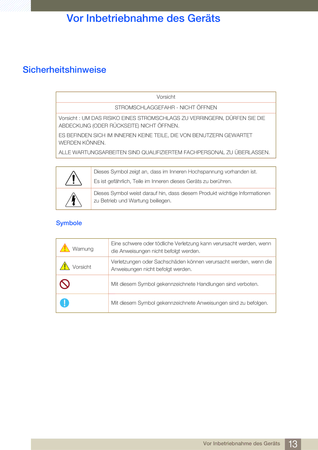 Samsung LH55MEBPLGC/EN manual Sicherheitshinweise, Symbole 