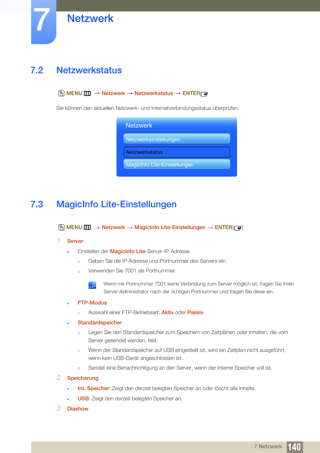 Samsung LH55MEBPLGC/EN manual Netzwerkstatus, MagicInfo Lite-Einstellungen 