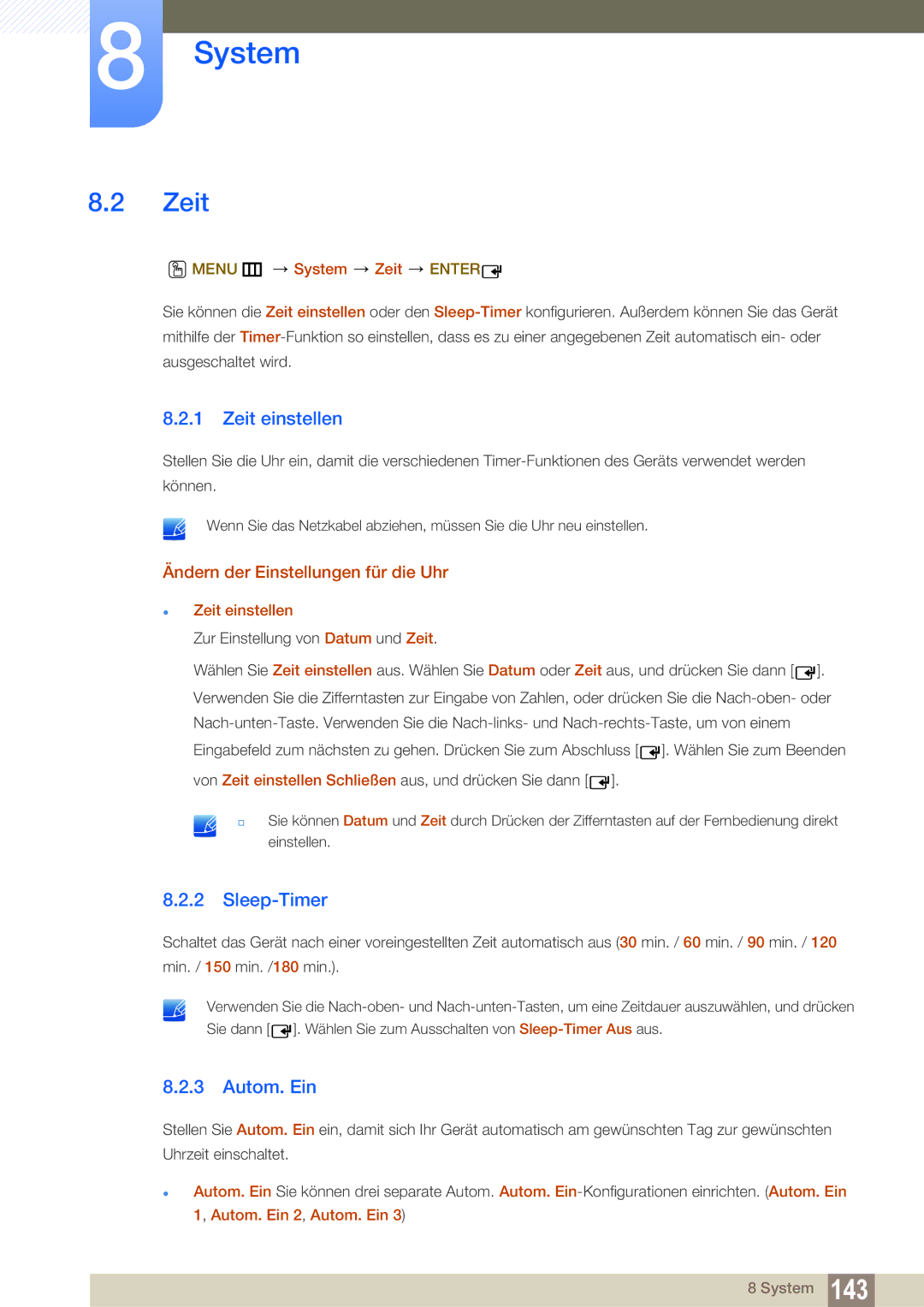 Samsung LH55MEBPLGC/EN manual Zeit einstellen, Sleep-Timer, Autom. Ein, Ändern der Einstellungen für die Uhr 