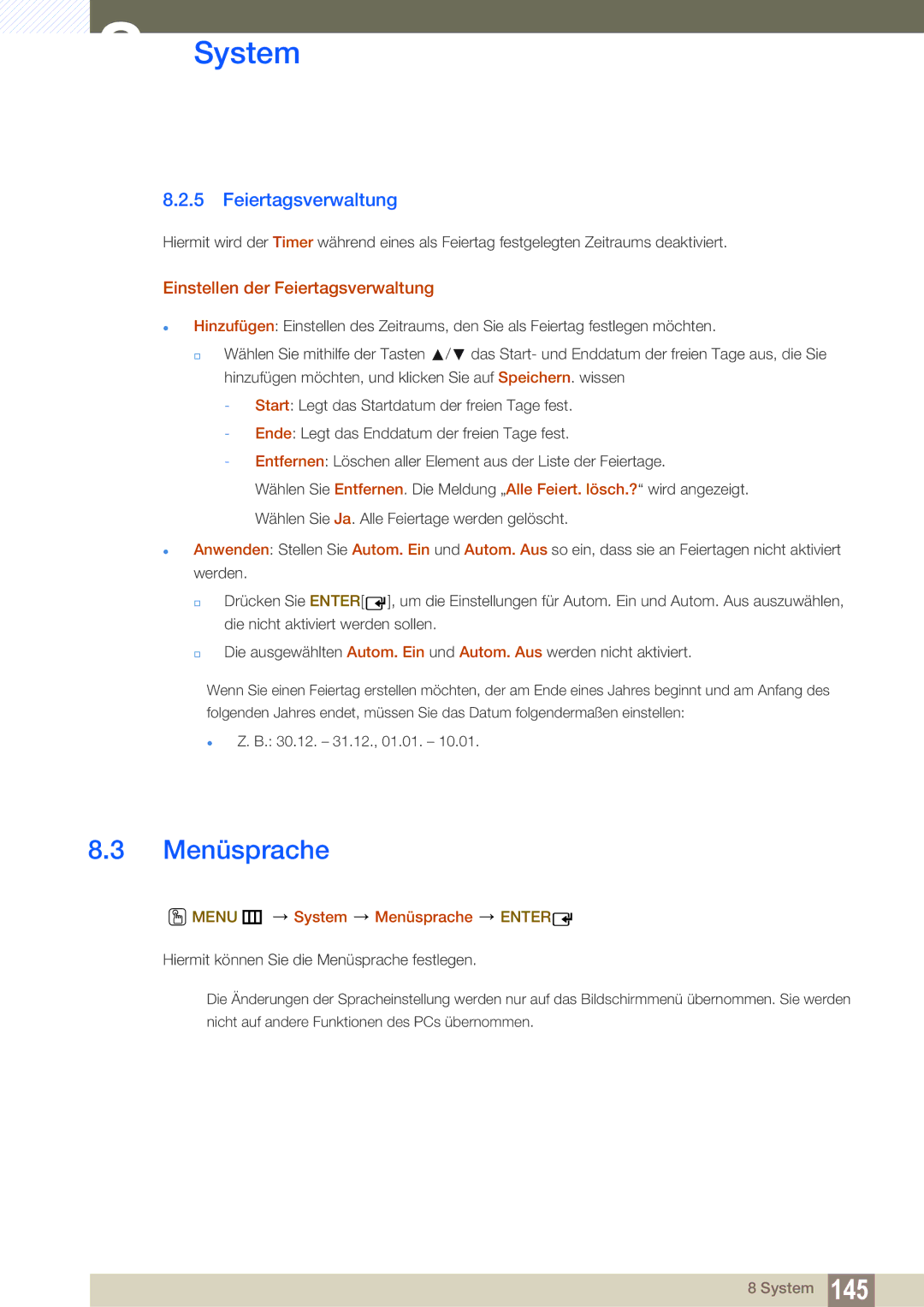 Samsung LH55MEBPLGC/EN manual Einstellen der Feiertagsverwaltung, Menu m System Menüsprache Enter 