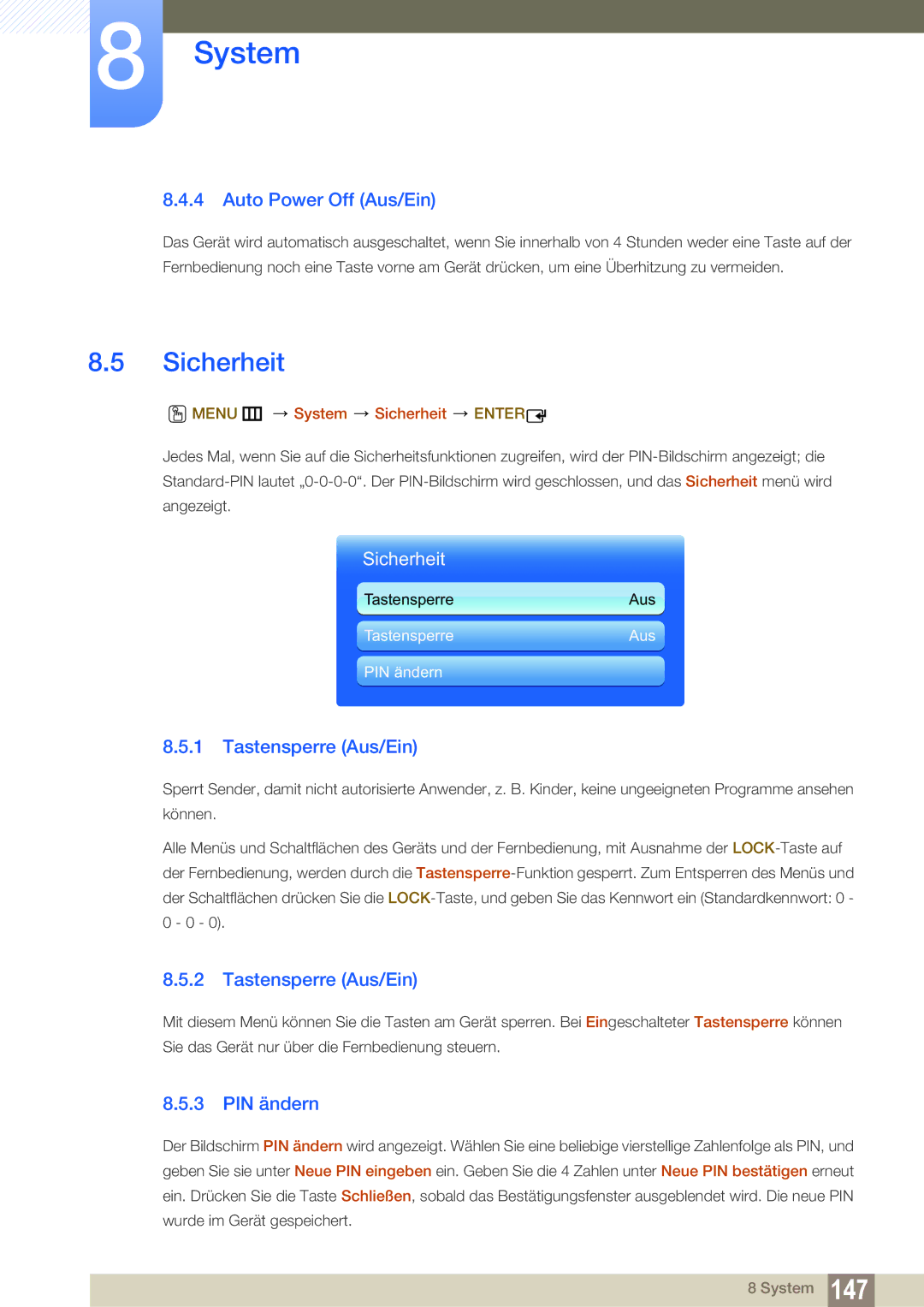 Samsung LH55MEBPLGC/EN manual Sicherheit, Auto Power Off Aus/Ein, Tastensperre Aus/Ein, PIN ändern 