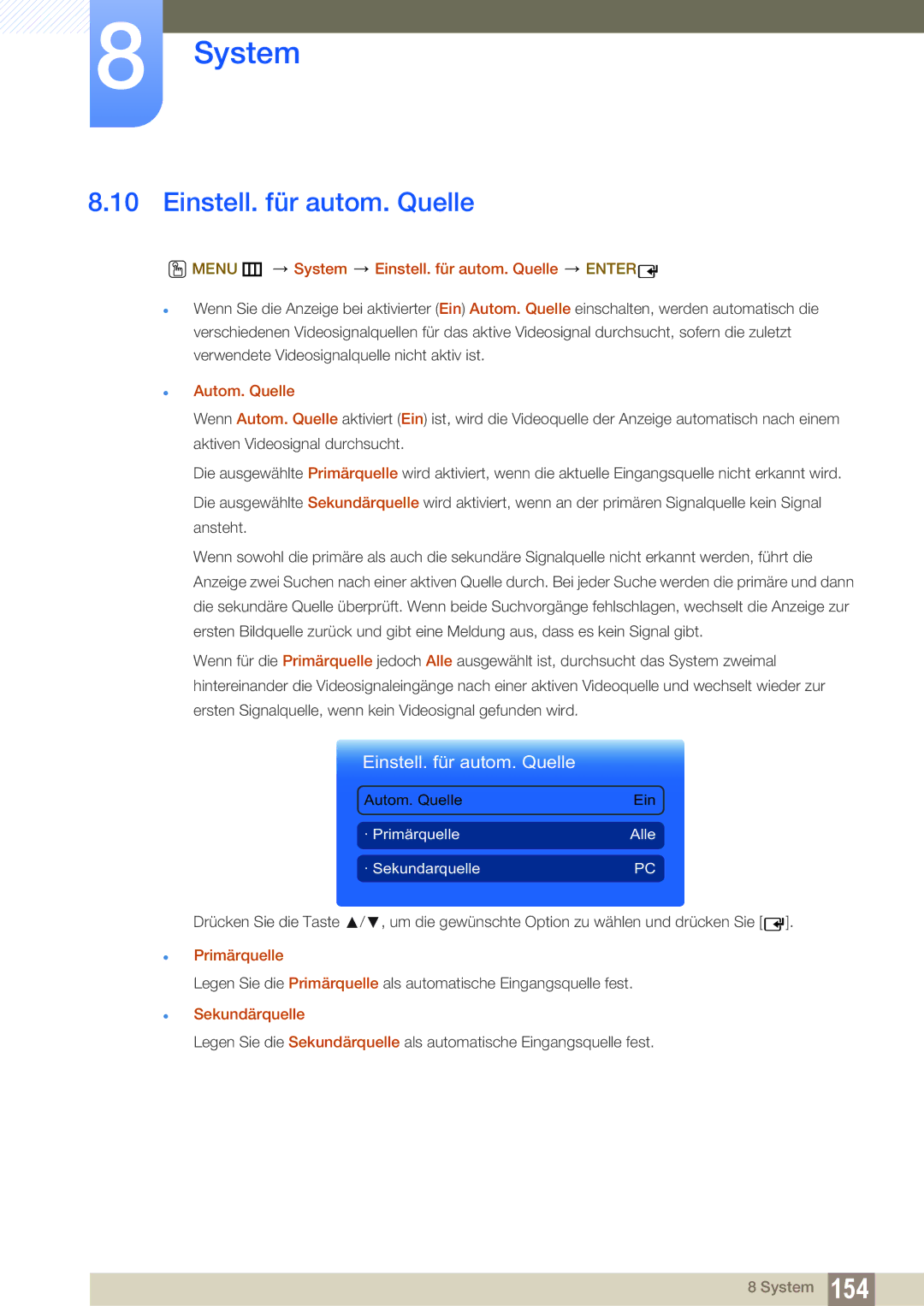 Samsung LH55MEBPLGC/EN manual Menu m System Einstell. für autom. Quelle Enter, Autom. Quelle, Sekundärquelle 