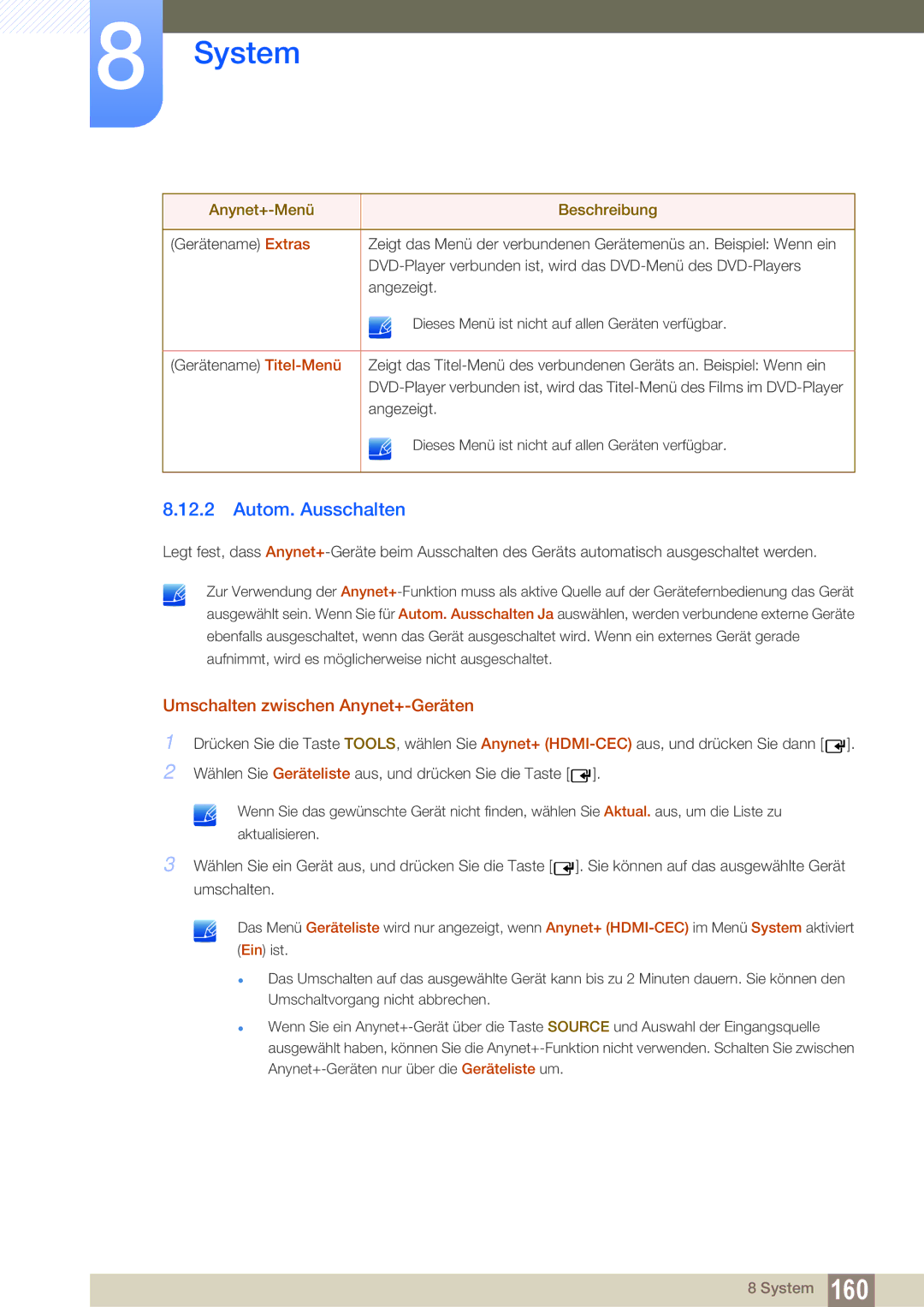 Samsung LH55MEBPLGC/EN manual Autom. Ausschalten, Umschalten zwischen Anynet+-Geräten 