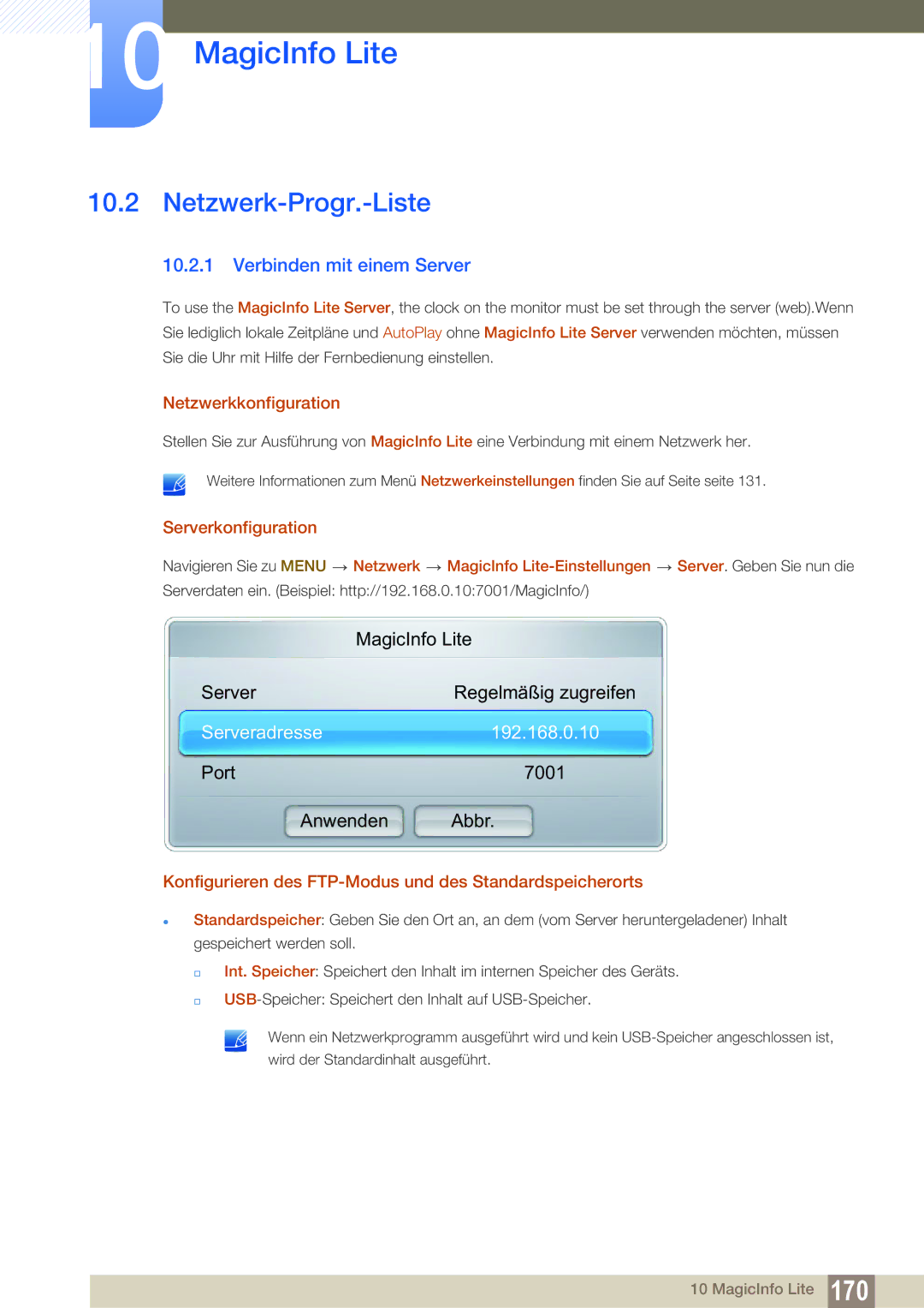 Samsung LH55MEBPLGC/EN manual Netzwerk-Progr.-Liste, Verbinden mit einem Server, Netzwerkkonfiguration, Serverkonfiguration 