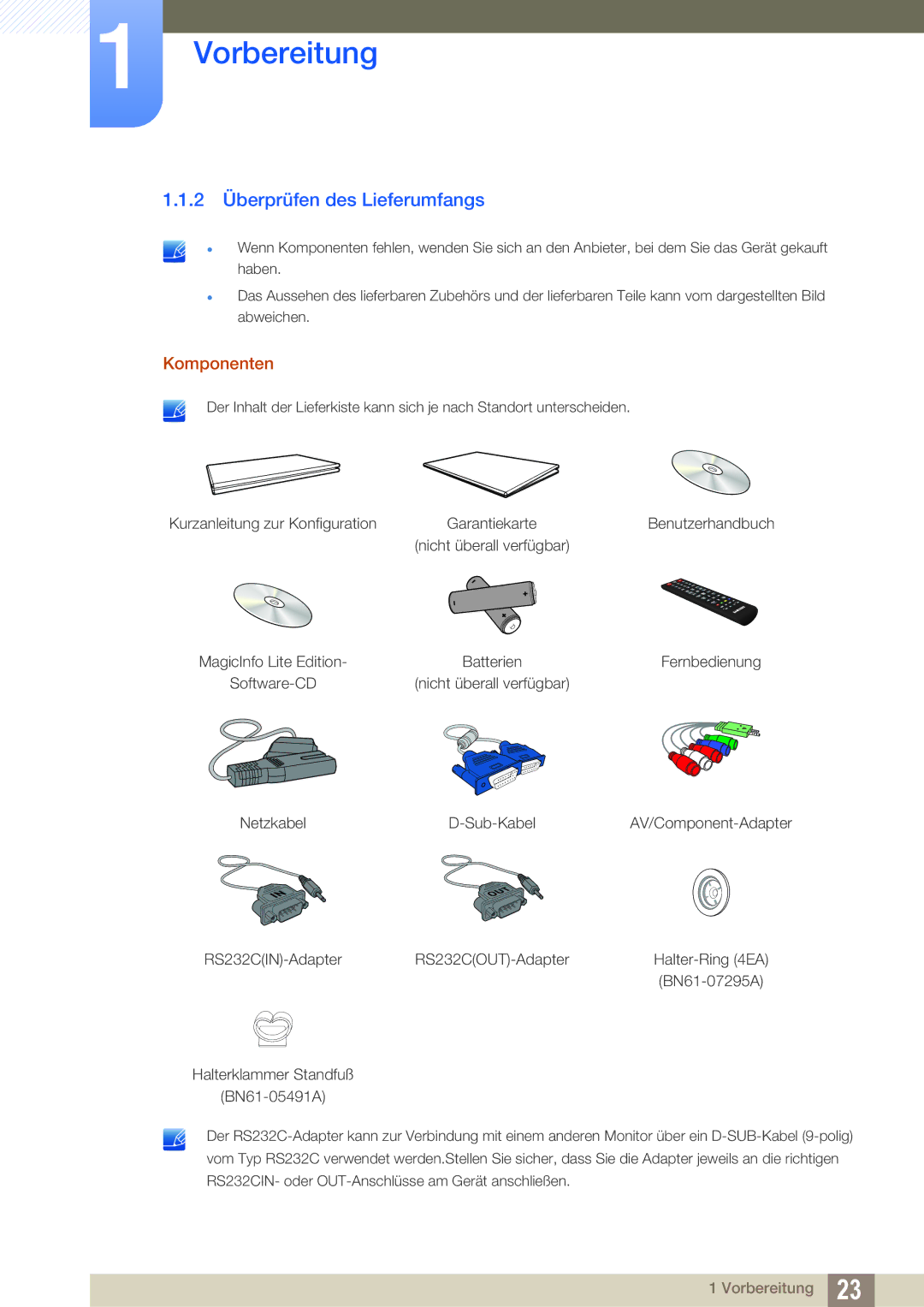 Samsung LH55MEBPLGC/EN manual 2 Überprüfen des Lieferumfangs, Komponenten 