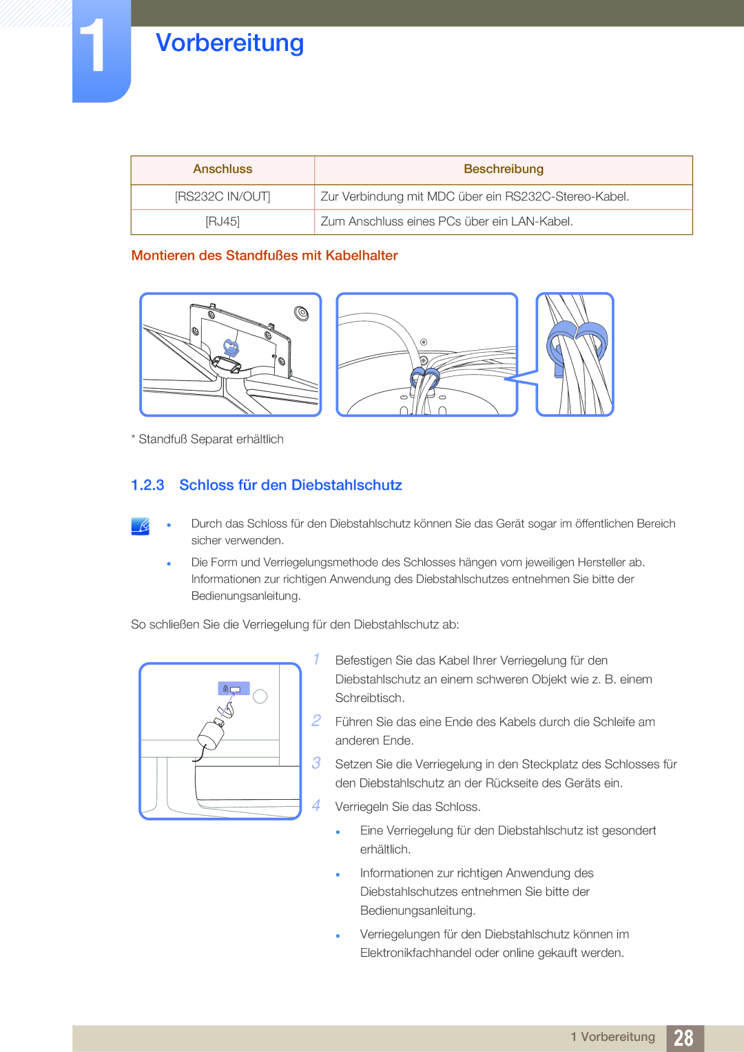 Samsung LH55MEBPLGC/EN manual Schloss für den Diebstahlschutz, Montieren des Standfußes mit Kabelhalter 