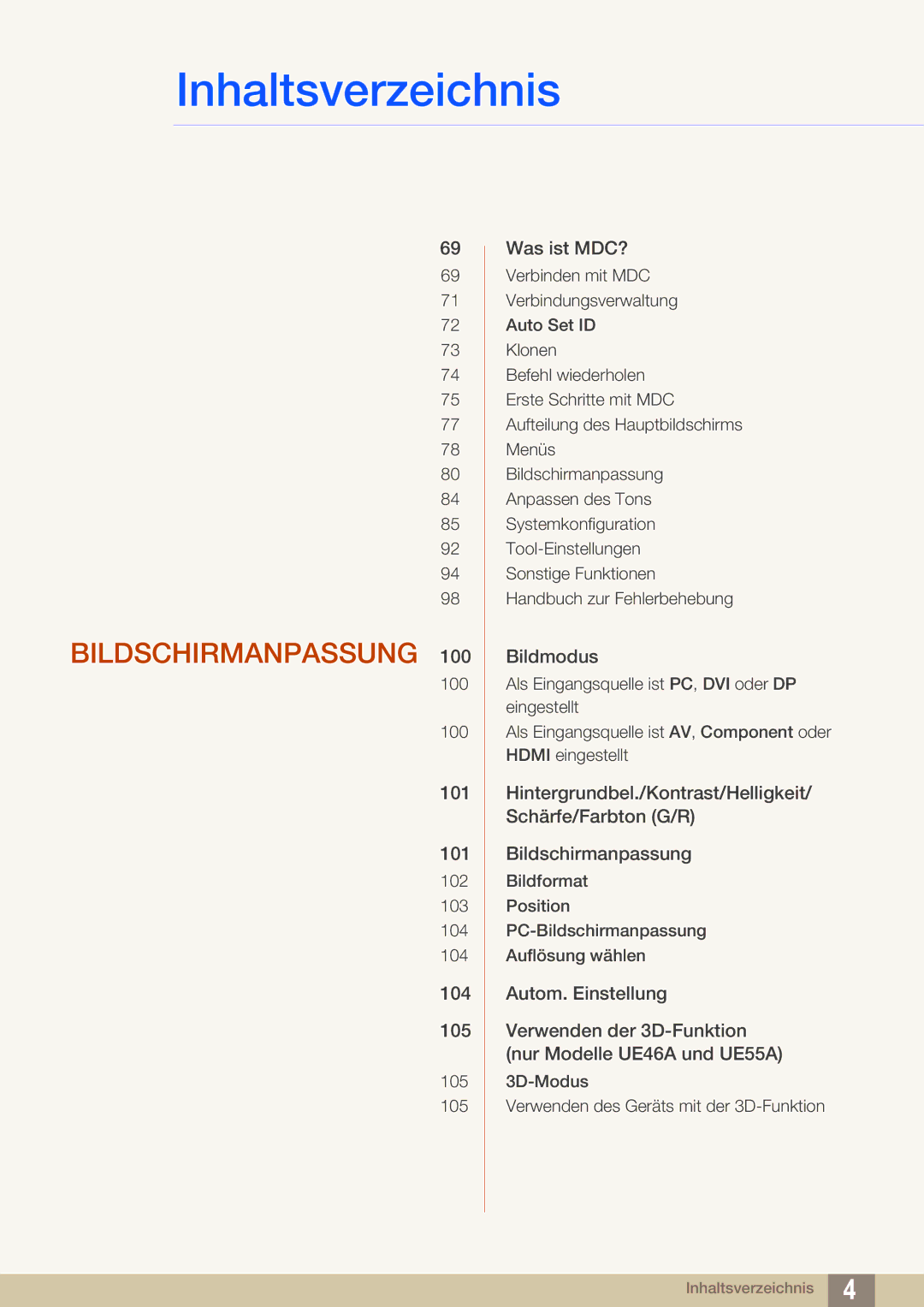 Samsung LH55MEBPLGC/EN manual Bildschirmanpassung 