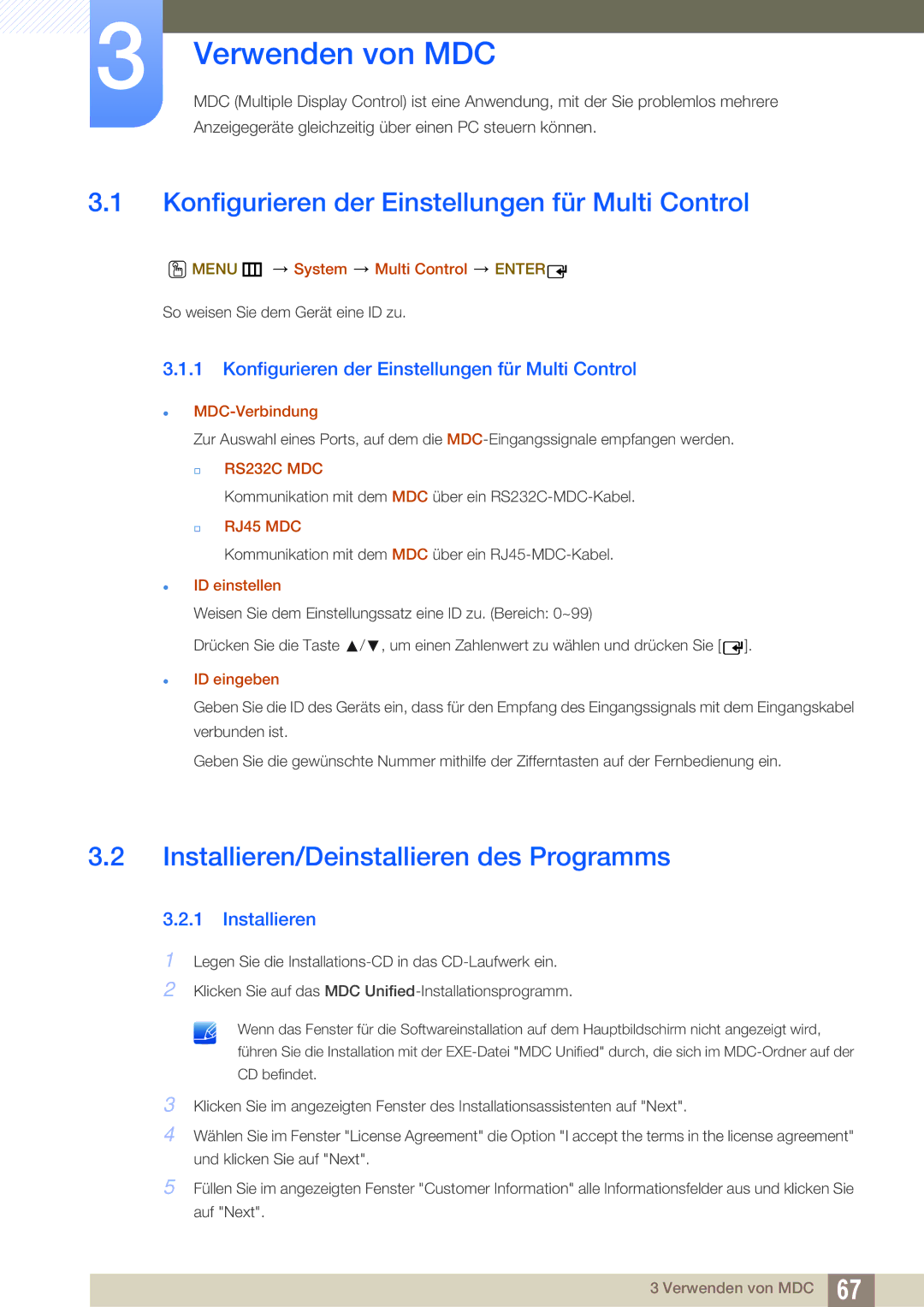 Samsung LH55MEBPLGC/EN manual Verwenden von MDC, Konfigurieren der Einstellungen für Multi Control 