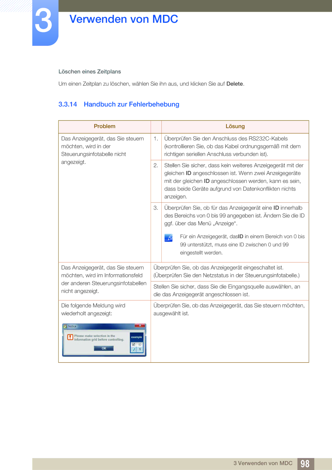 Samsung LH55MEBPLGC/EN manual Handbuch zur Fehlerbehebung, Löschen eines Zeitplans, Problem Lösung 