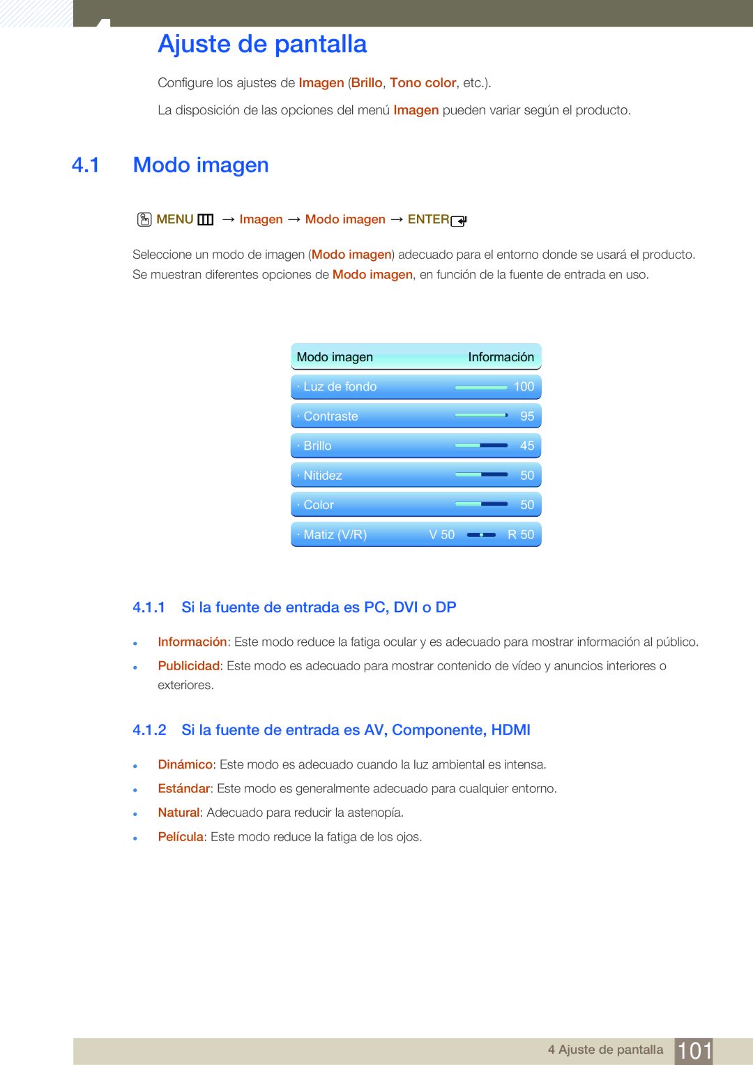 Samsung LH55MEBPLGC/EN manual Ajuste de pantalla, Modo imagen, Si la fuente de entrada es PC, DVI o DP 