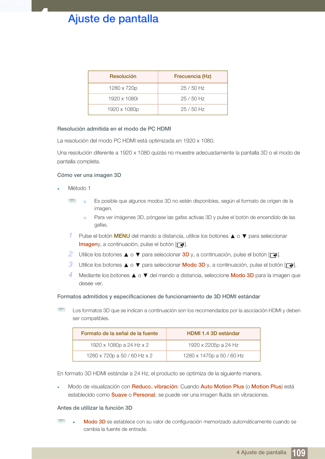 Samsung LH55MEBPLGC/EN manual Resolución Frecuencia Hz, Resolución admitida en el modo de PC Hdmi, Cómo ver una imagen 3D 