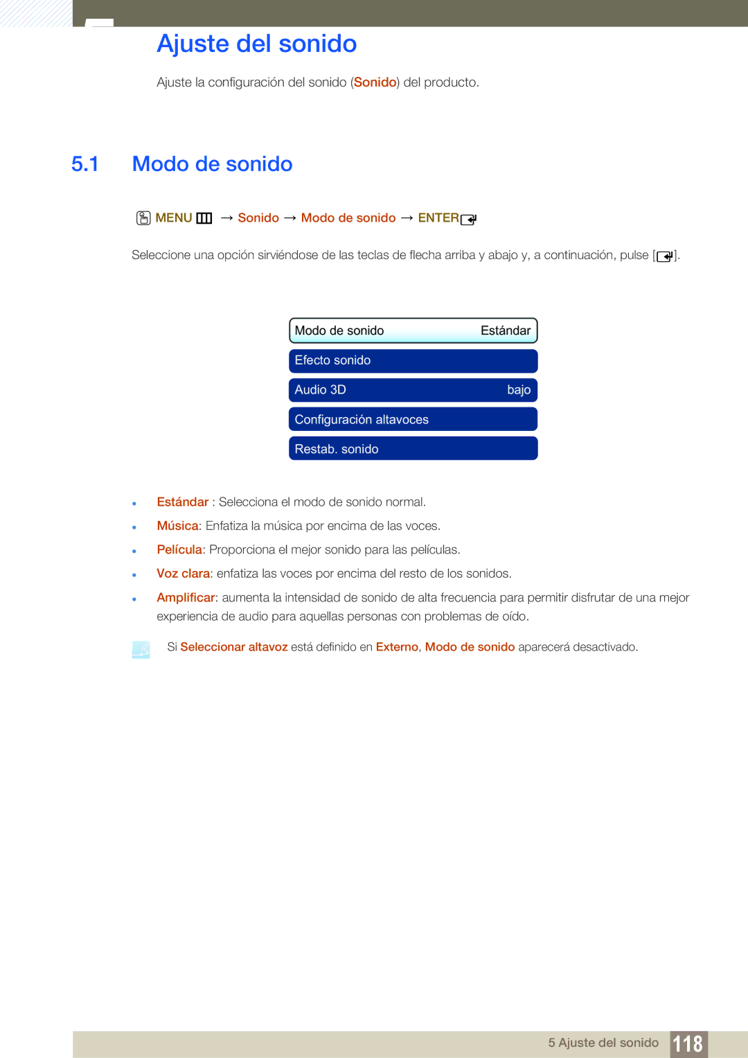 Samsung LH55MEBPLGC/EN manual Ajuste del sonido, Menu m Sonido Modo de sonido Enter 