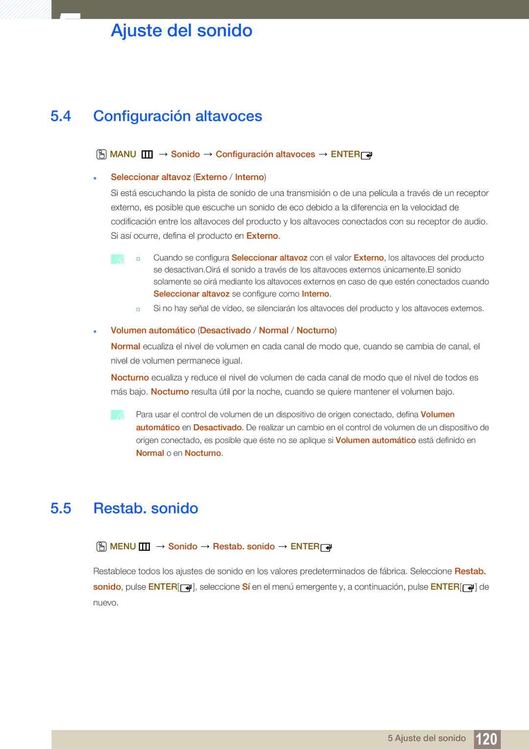 Samsung LH55MEBPLGC/EN manual Configuración altavoces, Restab. sonido,  Volumen automático Desactivado / Normal / Nocturno 