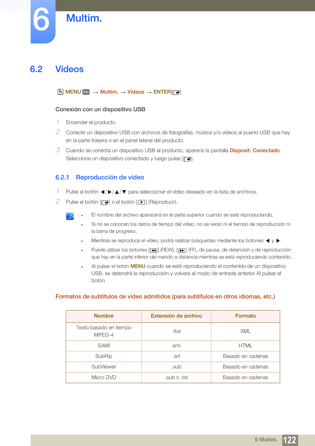 Samsung LH55MEBPLGC/EN manual Reproducción de vídeo, Menu m Multim. Vídeos Enter, Nombre Extensión de archivo Formato 