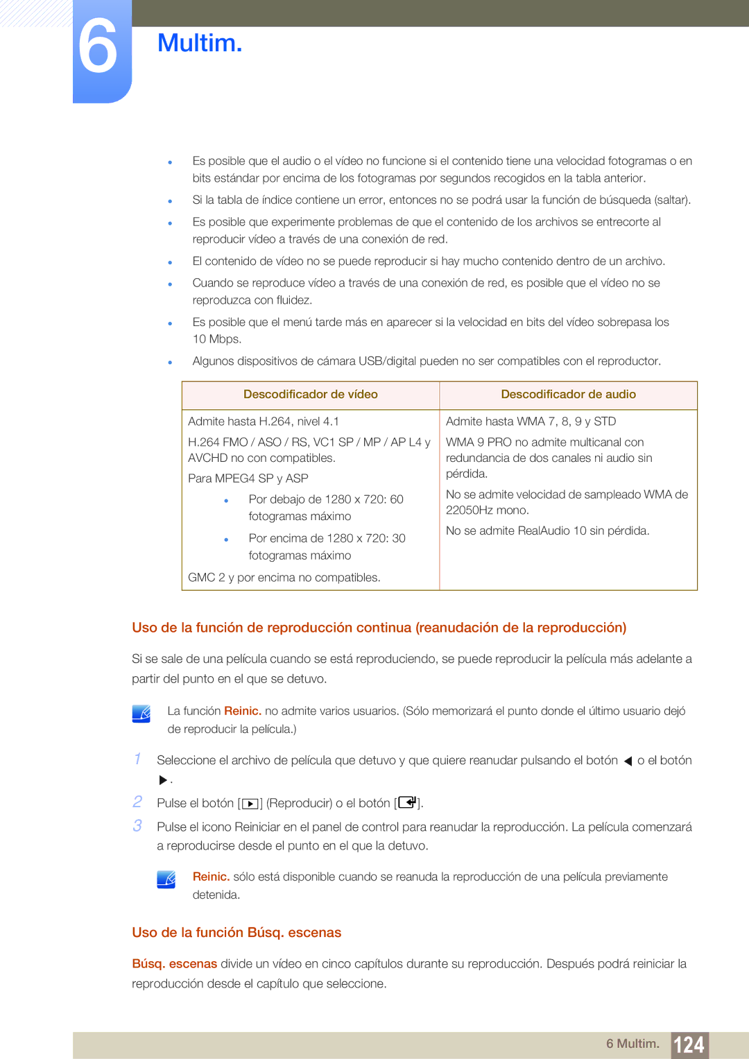 Samsung LH55MEBPLGC/EN manual Uso de la función Búsq. escenas, Descodificador de vídeo Descodificador de audio 