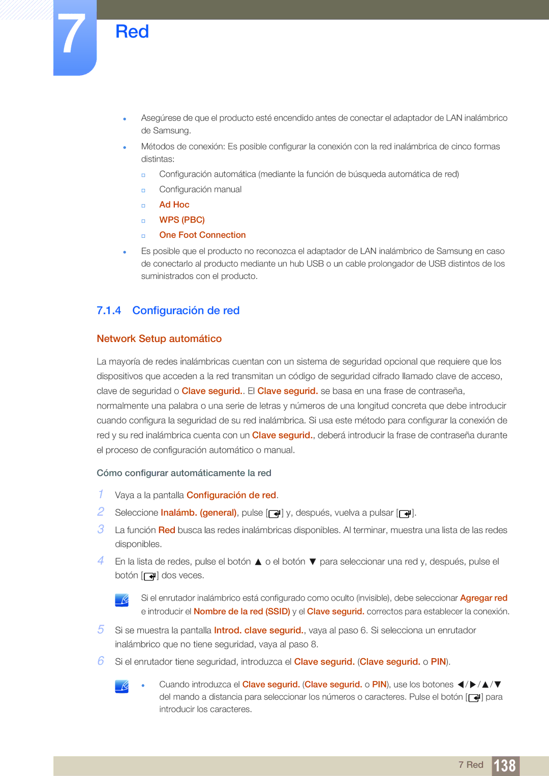 Samsung LH55MEBPLGC/EN manual Configuración de red, Ad Hoc, One Foot Connection 