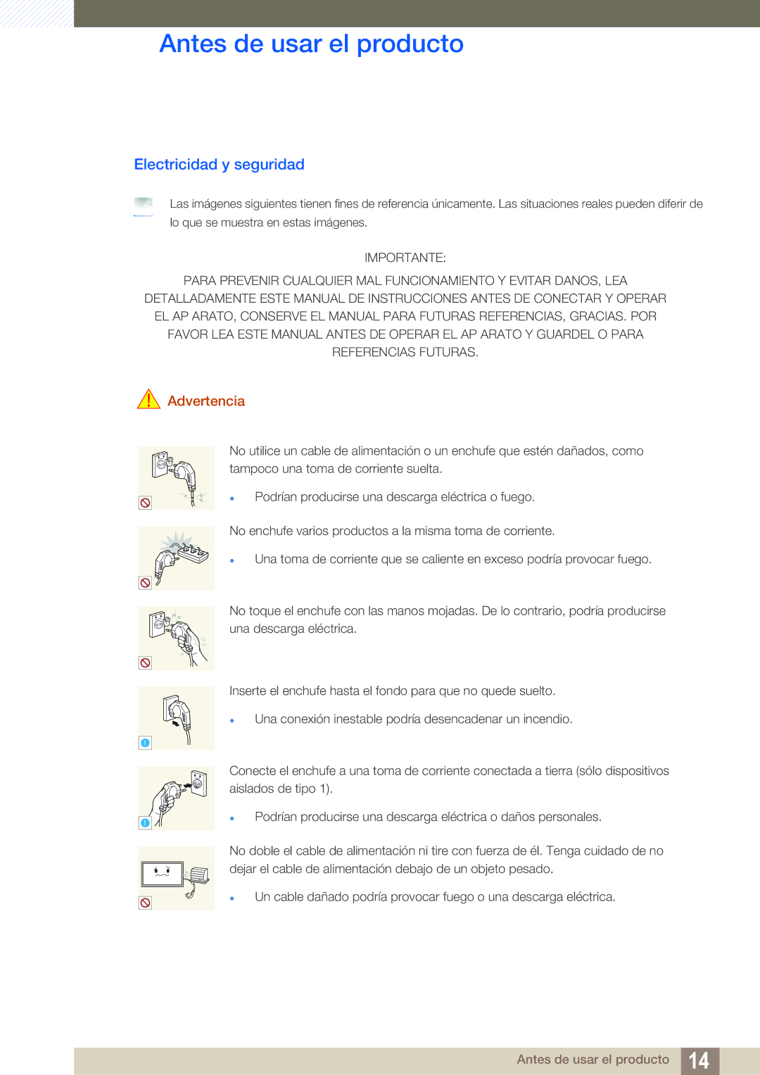 Samsung LH55MEBPLGC/EN manual Electricidad y seguridad, Advertencia 