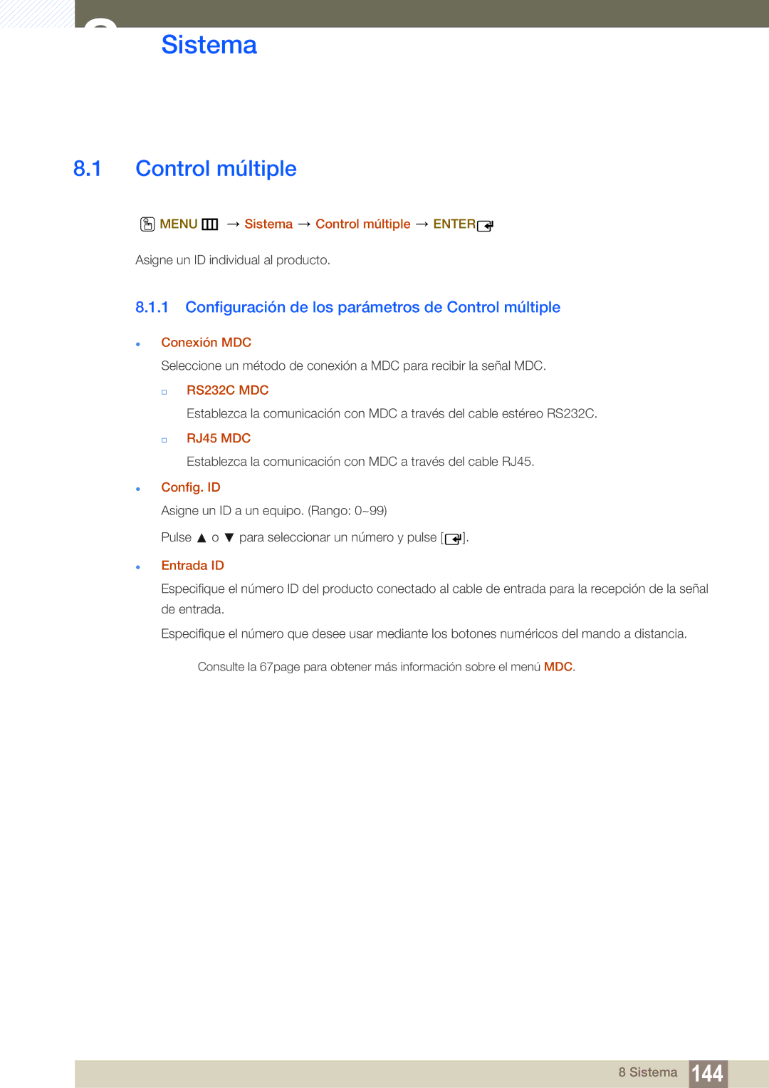 Samsung LH55MEBPLGC/EN manual Sistema, Control múltiple 