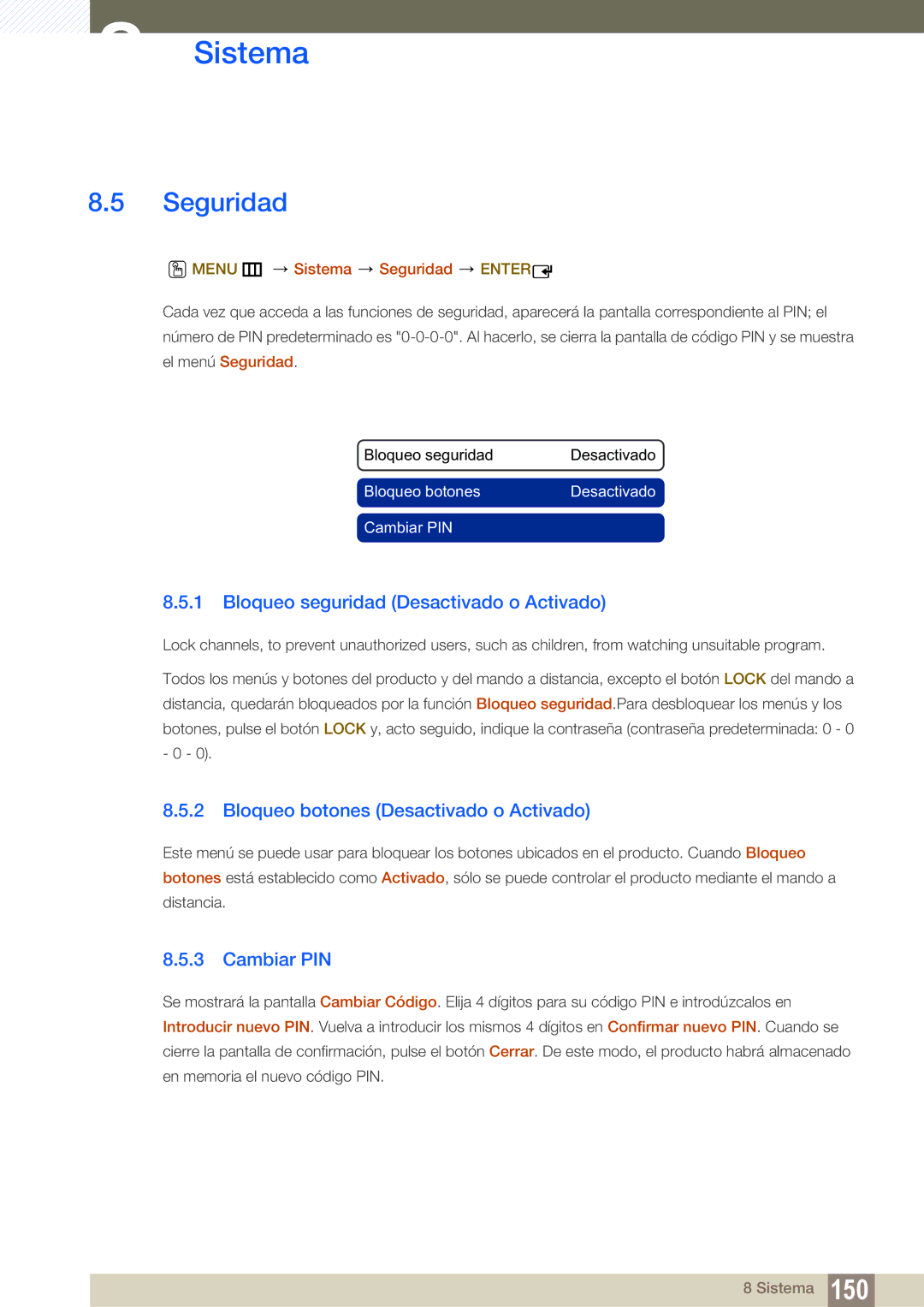 Samsung LH55MEBPLGC/EN manual Seguridad, Bloqueo seguridad Desactivado o Activado, Bloqueo botones Desactivado o Activado 