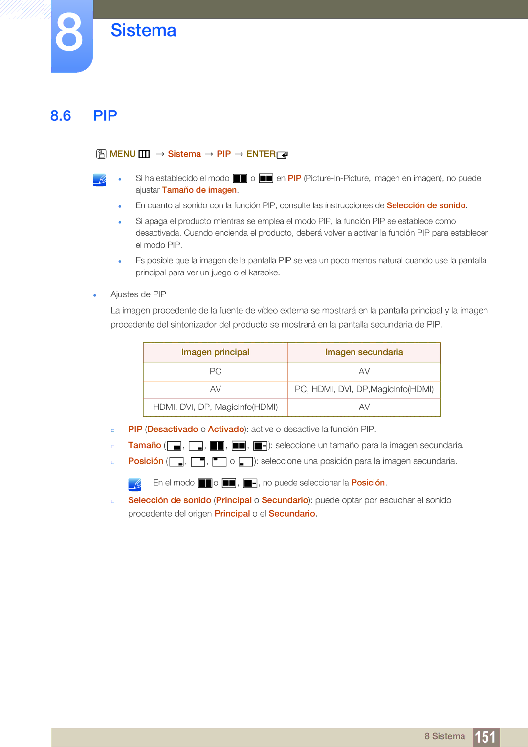 Samsung LH55MEBPLGC/EN manual Pip, Menu m Sistema PIP Enter, Imagen principal Imagen secundaria, Tamaño, Posición 