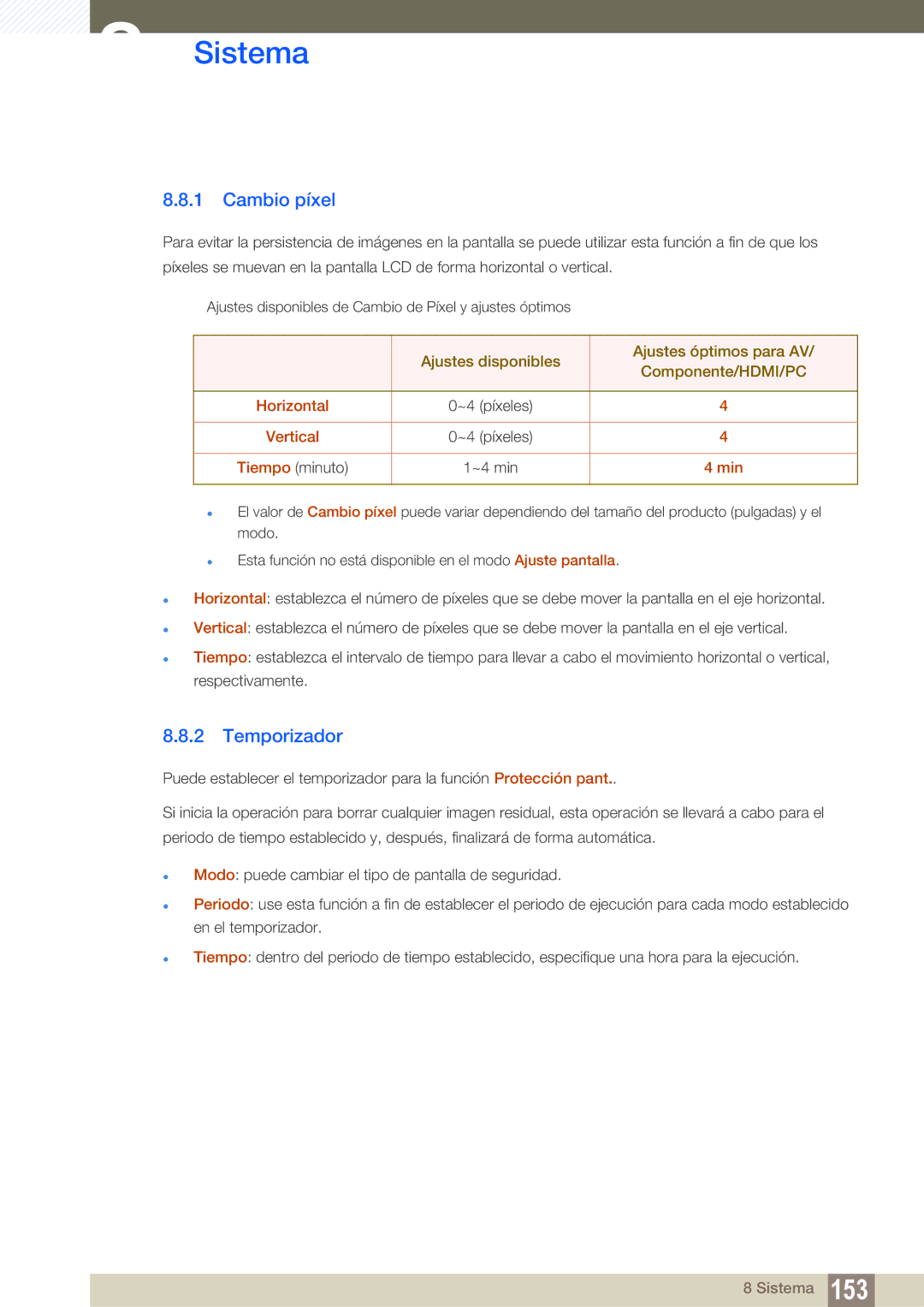 Samsung LH55MEBPLGC/EN manual Cambio píxel, Temporizador, Horizontal, Vertical, Min 