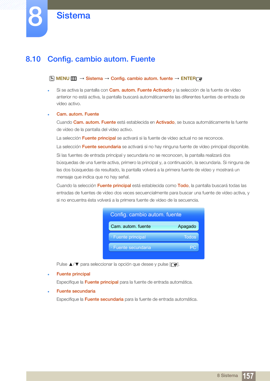 Samsung LH55MEBPLGC/EN Config. cambio autom. Fuente, Menu m Sistema Config. cambio autom. fuente Enter, Cam. autom. Fuente 