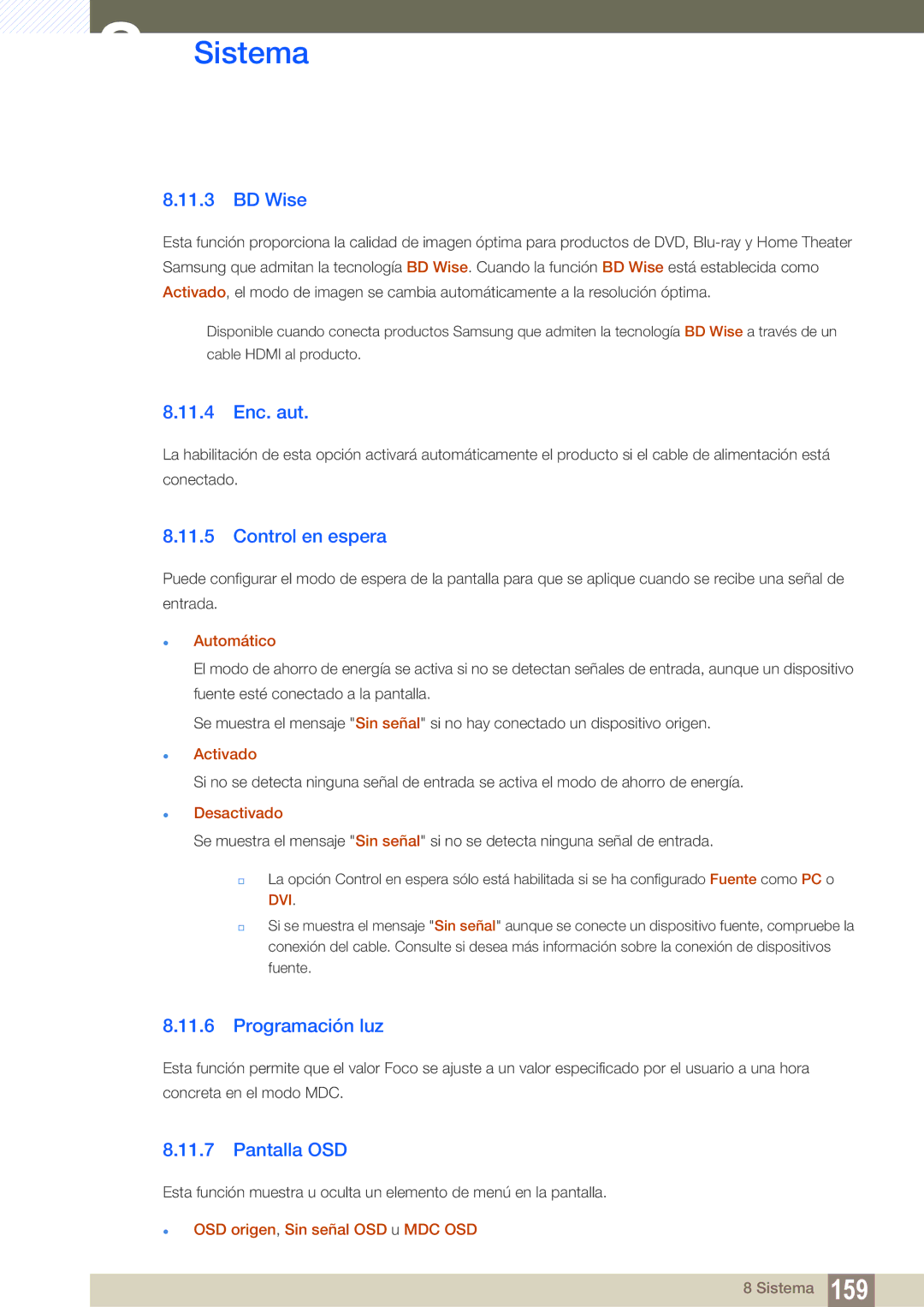 Samsung LH55MEBPLGC/EN manual BD Wise, 11.4 Enc. aut, Control en espera, Programación luz, Pantalla OSD 