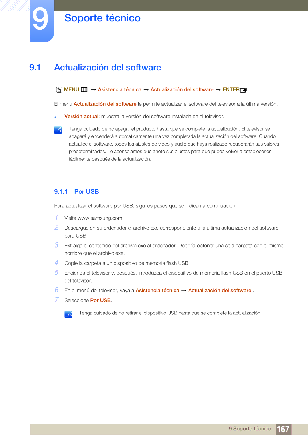 Samsung LH55MEBPLGC/EN manual Soporte técnico, Actualización del software, Por USB 