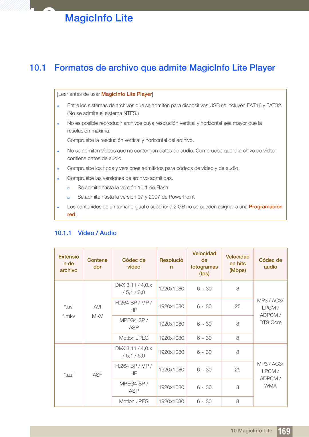 Samsung LH55MEBPLGC/EN manual Formatos de archivo que admite MagicInfo Lite Player, 10.1.1 Vídeo / Audio 