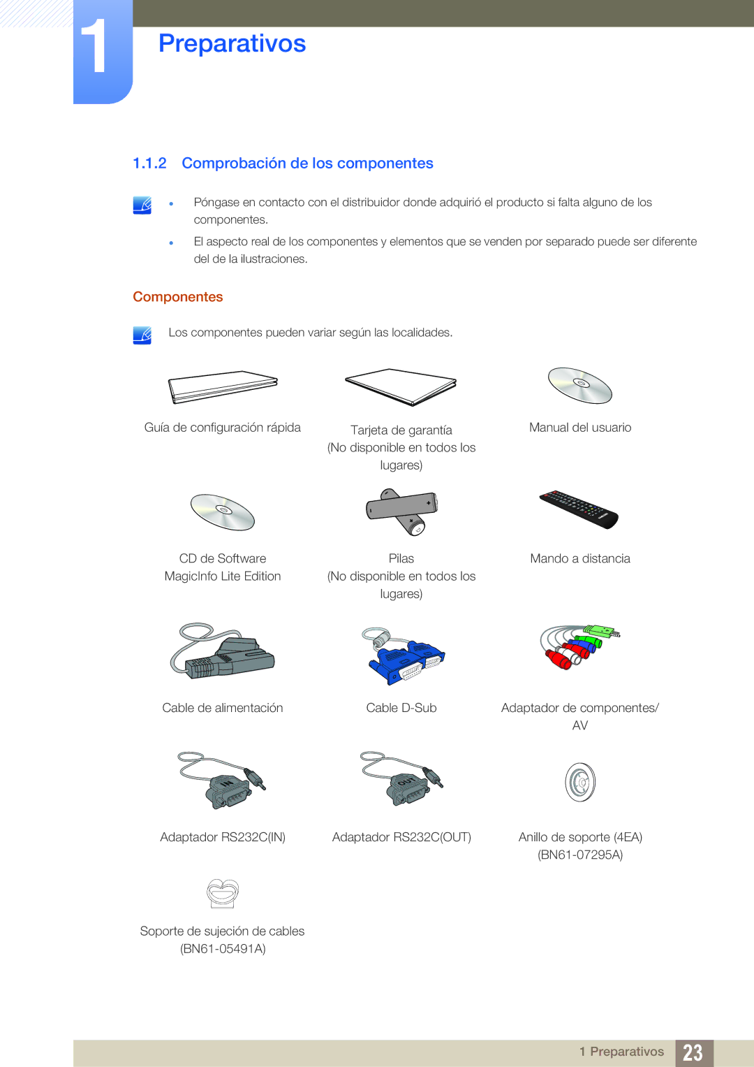 Samsung LH55MEBPLGC/EN manual Comprobación de los componentes, Componentes 