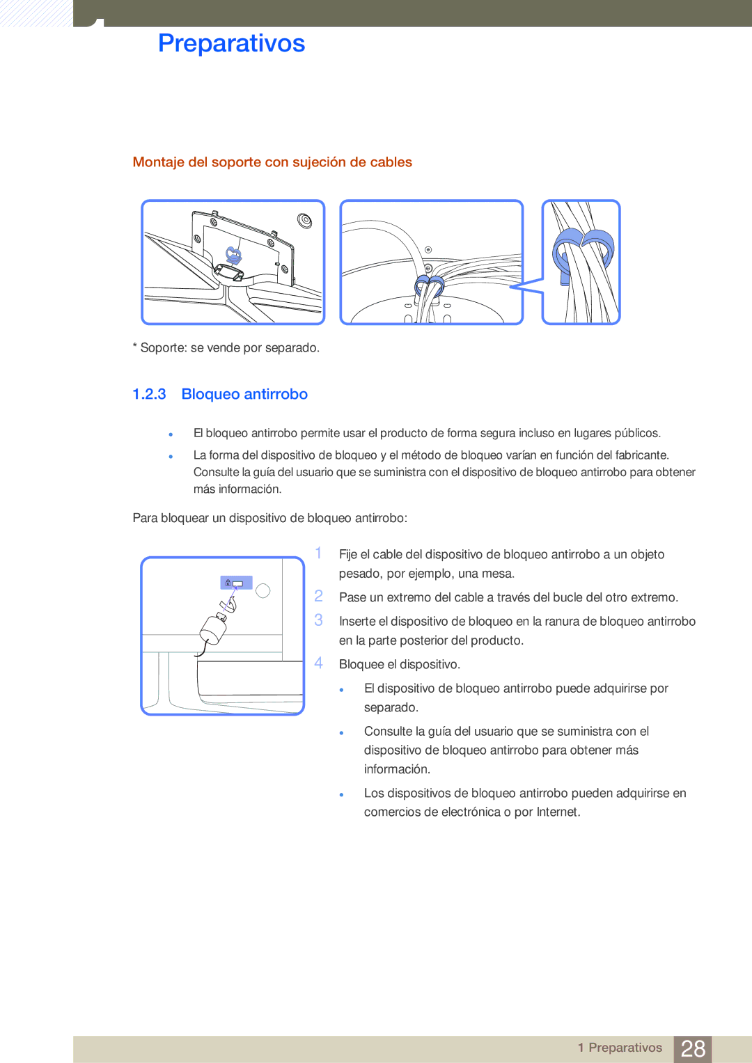 Samsung LH55MEBPLGC/EN manual Bloqueo antirrobo, Montaje del soporte con sujeción de cables 