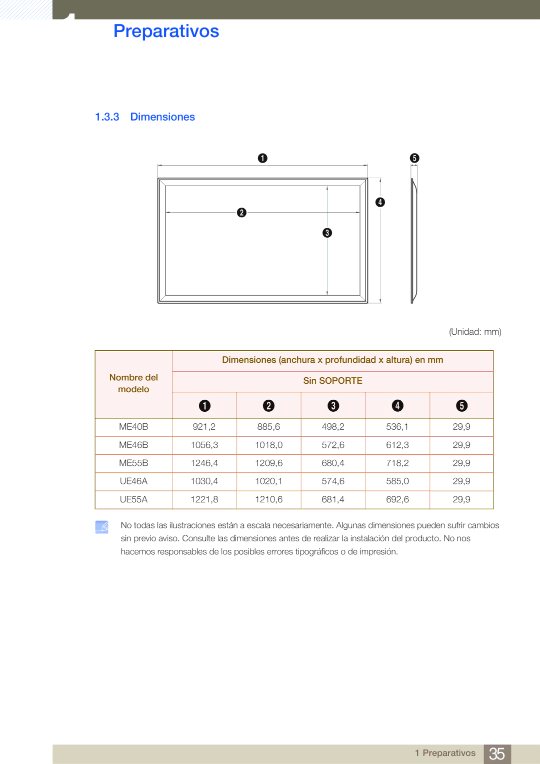 Samsung LH55MEBPLGC/EN manual Dimensiones, UE55A 