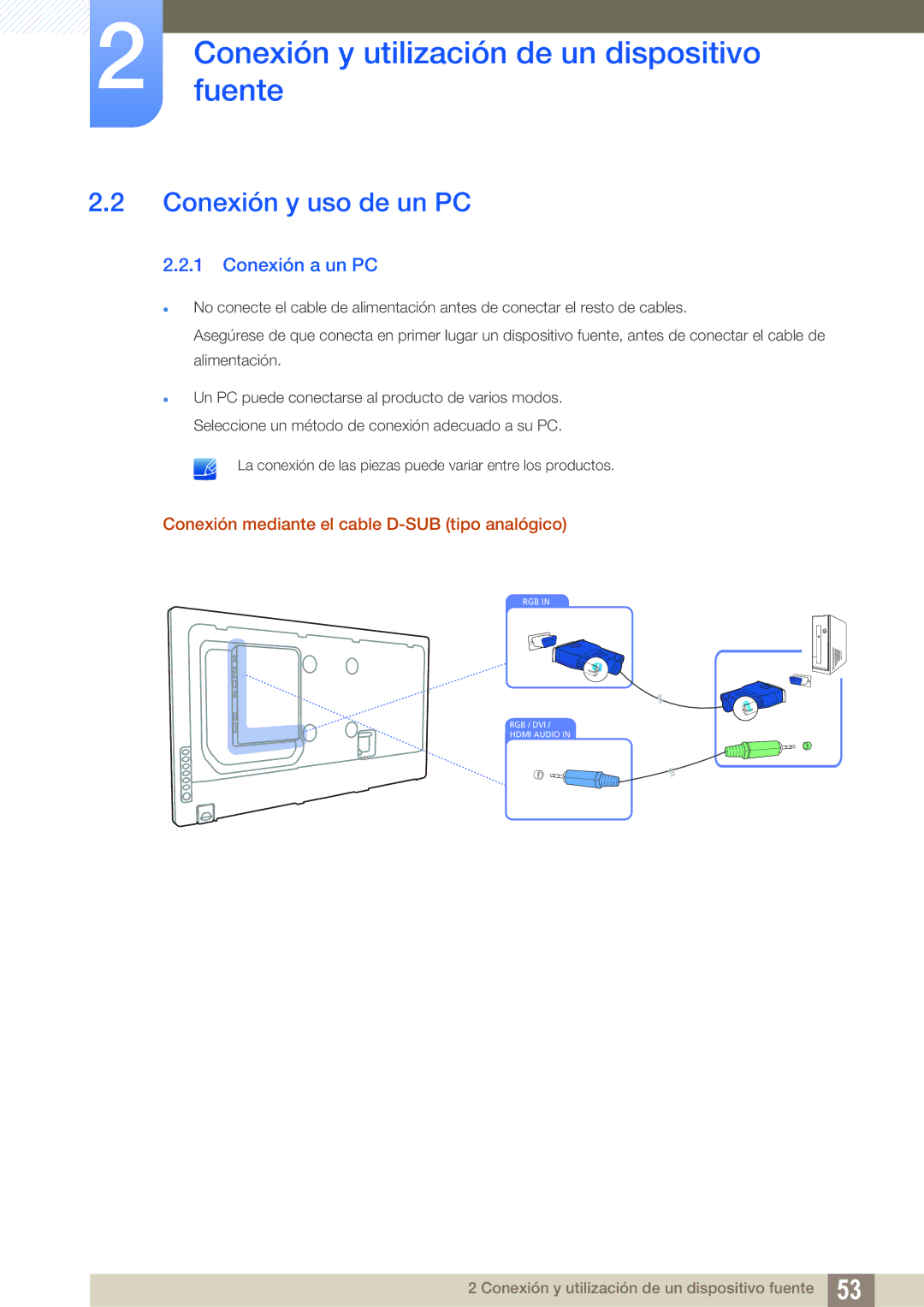 Samsung LH55MEBPLGC/EN manual Conexión y uso de un PC, Conexión a un PC, Conexión mediante el cable D-SUB tipo analógico 