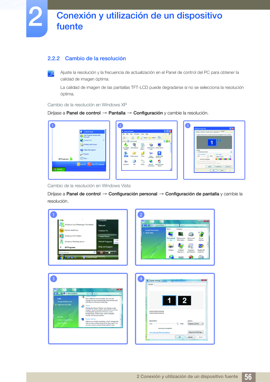 Samsung LH55MEBPLGC/EN manual Cambio de la resolución en Windows XP, Cambio de la resolución en Windows Vista 