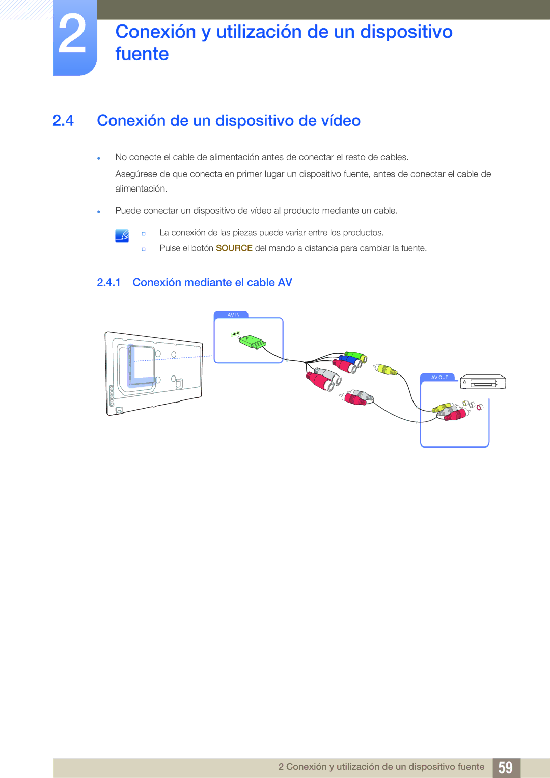 Samsung LH55MEBPLGC/EN manual Conexión de un dispositivo de vídeo, Conexión mediante el cable AV 