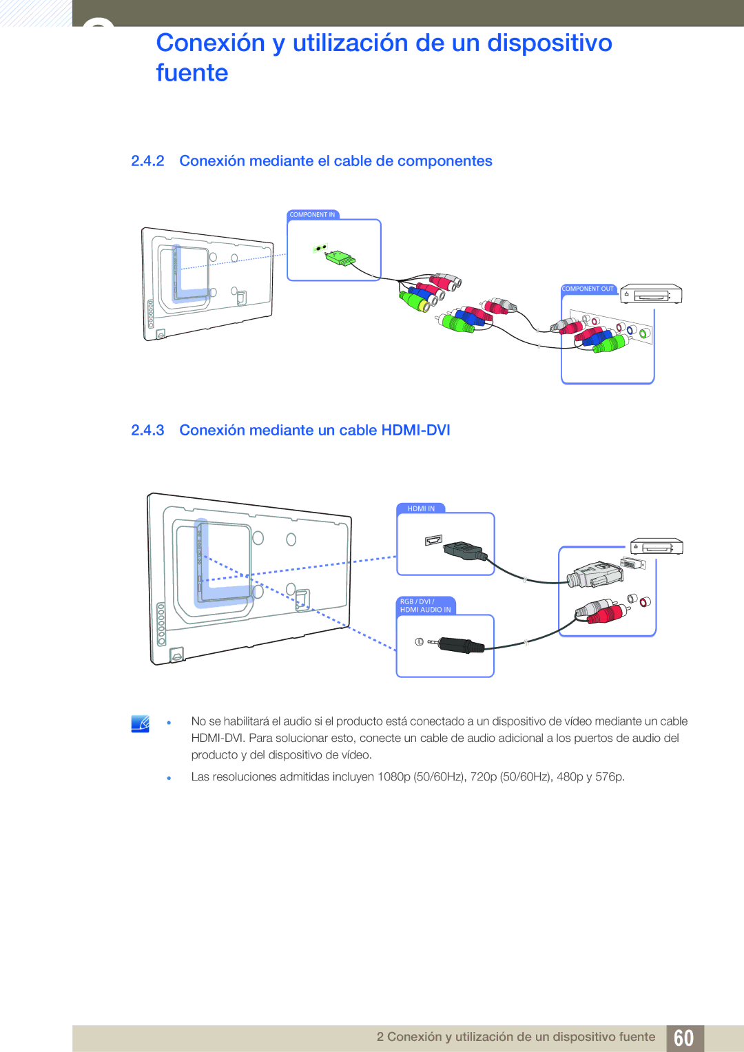 Samsung LH55MEBPLGC/EN manual Conexión mediante el cable de componentes, Conexión mediante un cable HDMI-DVI 