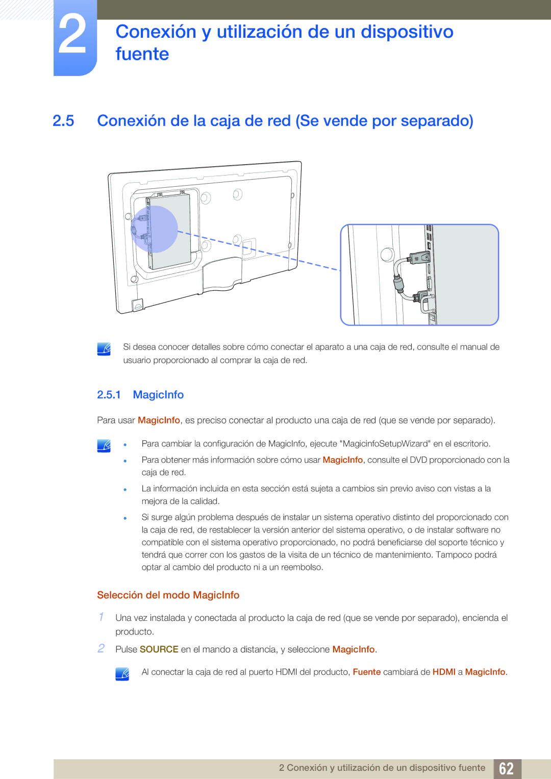 Samsung LH55MEBPLGC/EN manual Conexión de la caja de red Se vende por separado, Selección del modo MagicInfo 