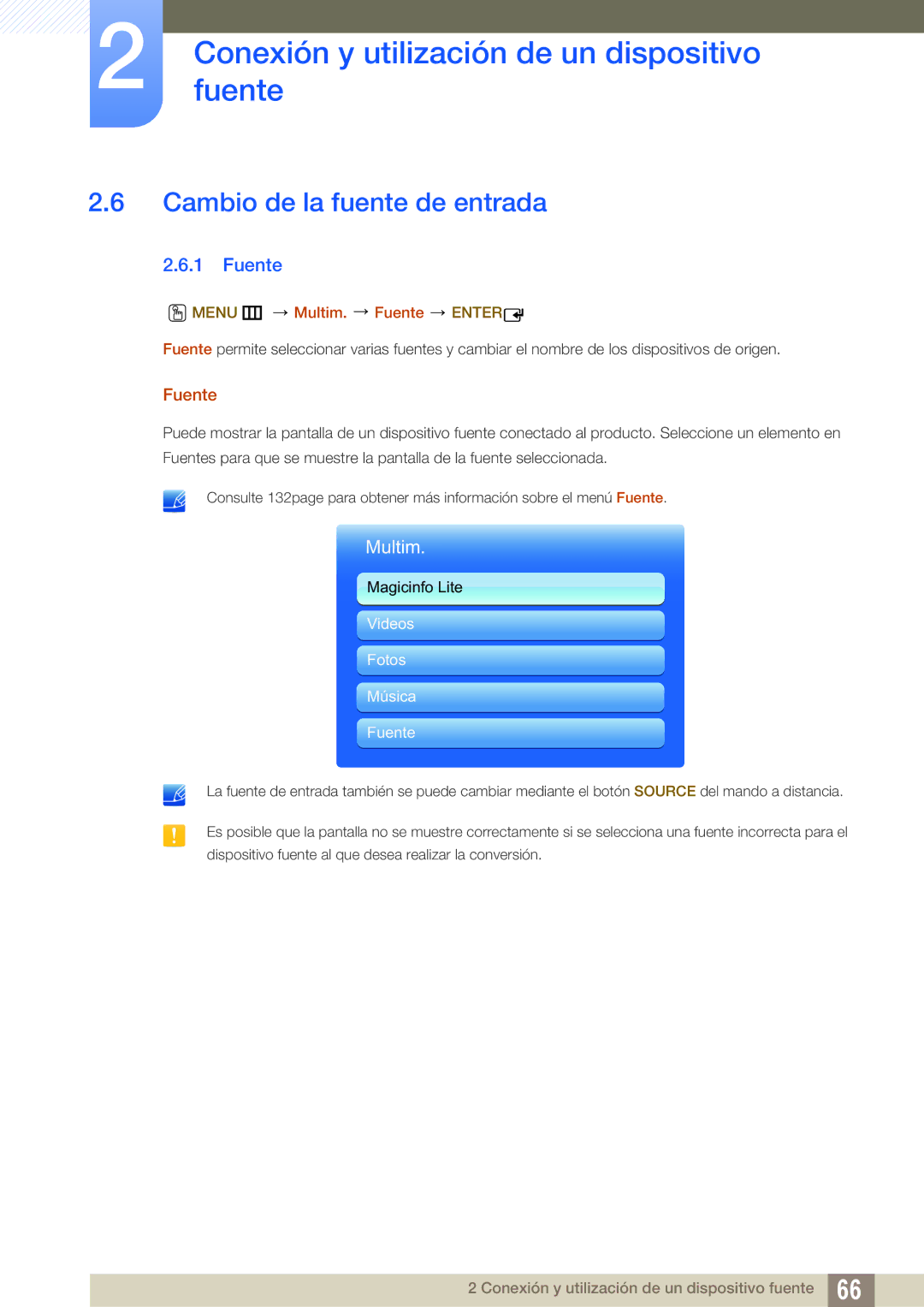 Samsung LH55MEBPLGC/EN manual Cambio de la fuente de entrada, Menu m Multim. Fuente Enter 