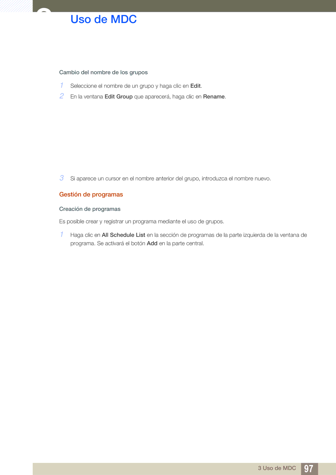 Samsung LH55MEBPLGC/EN manual Gestión de programas, Cambio del nombre de los grupos, Creación de programas 