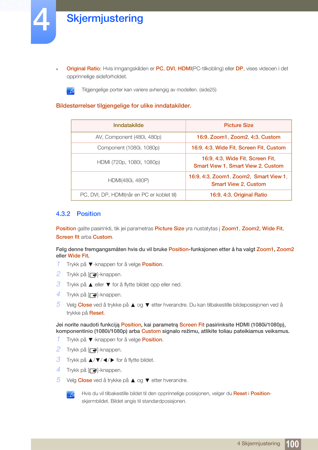 Samsung LH55MEBPLGC/EN manual Position, Bildestørrelser tilgjengelige for ulike inndatakilder 