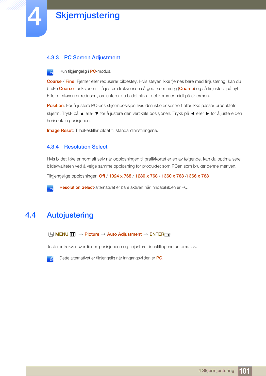 Samsung LH55MEBPLGC/EN manual Autojustering, PC Screen Adjustment, Resolution Select, Menu m Picture Auto Adjustment Enter 