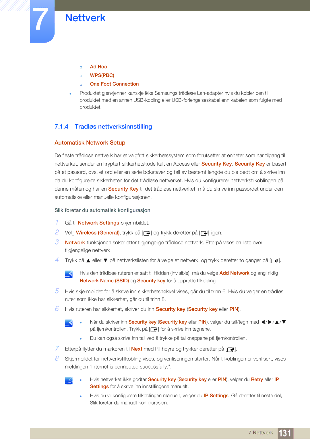 Samsung LH55MEBPLGC/EN manual 4 Trådløs nettverksinnstilling, Automatisk Network Setup, Ad Hoc, One Foot Connection 